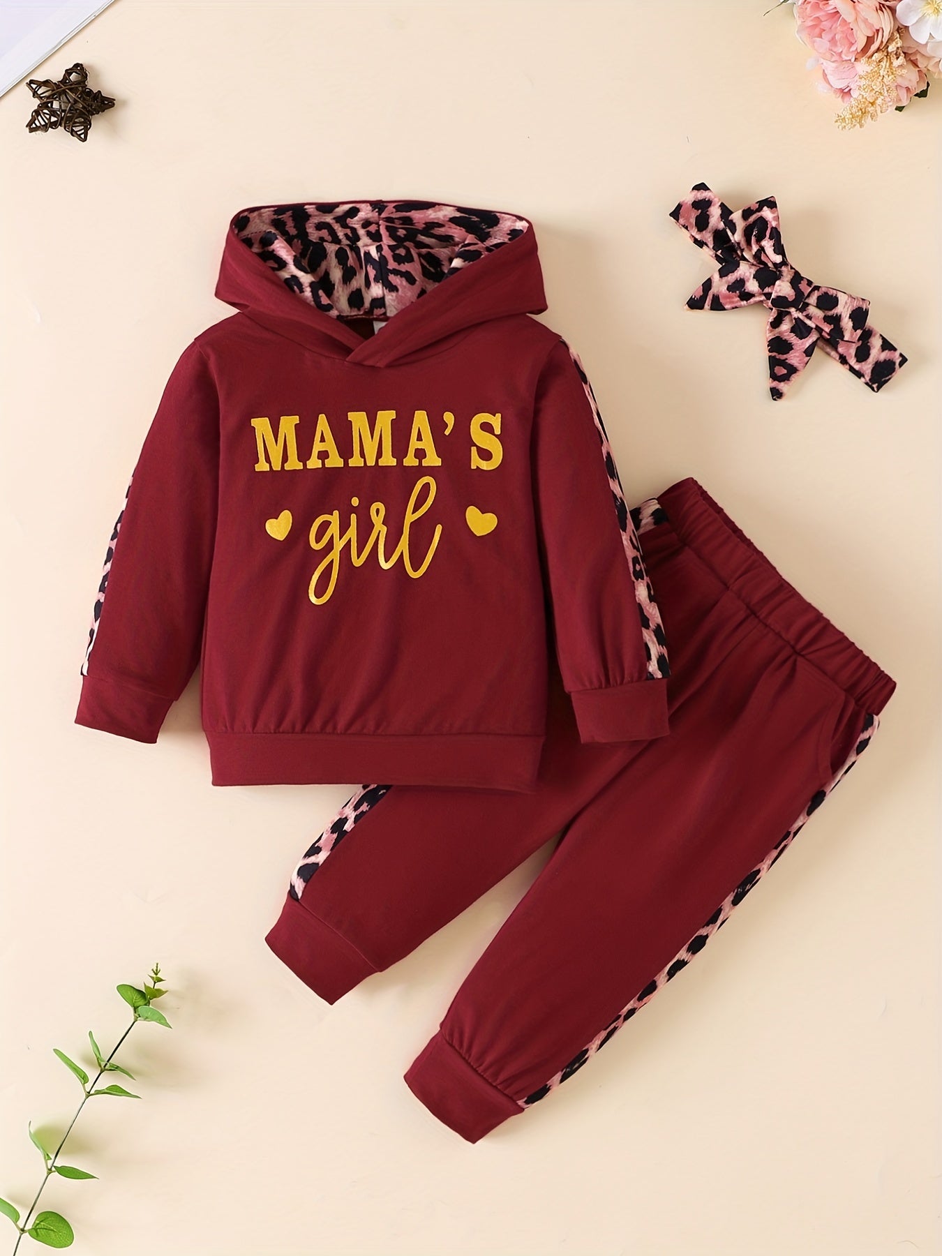 3pcs Baby Girls Casual  Hoodie Set, Leopard Print Long Sleeve Hooded Sweatshirt & Pants & Headband Set