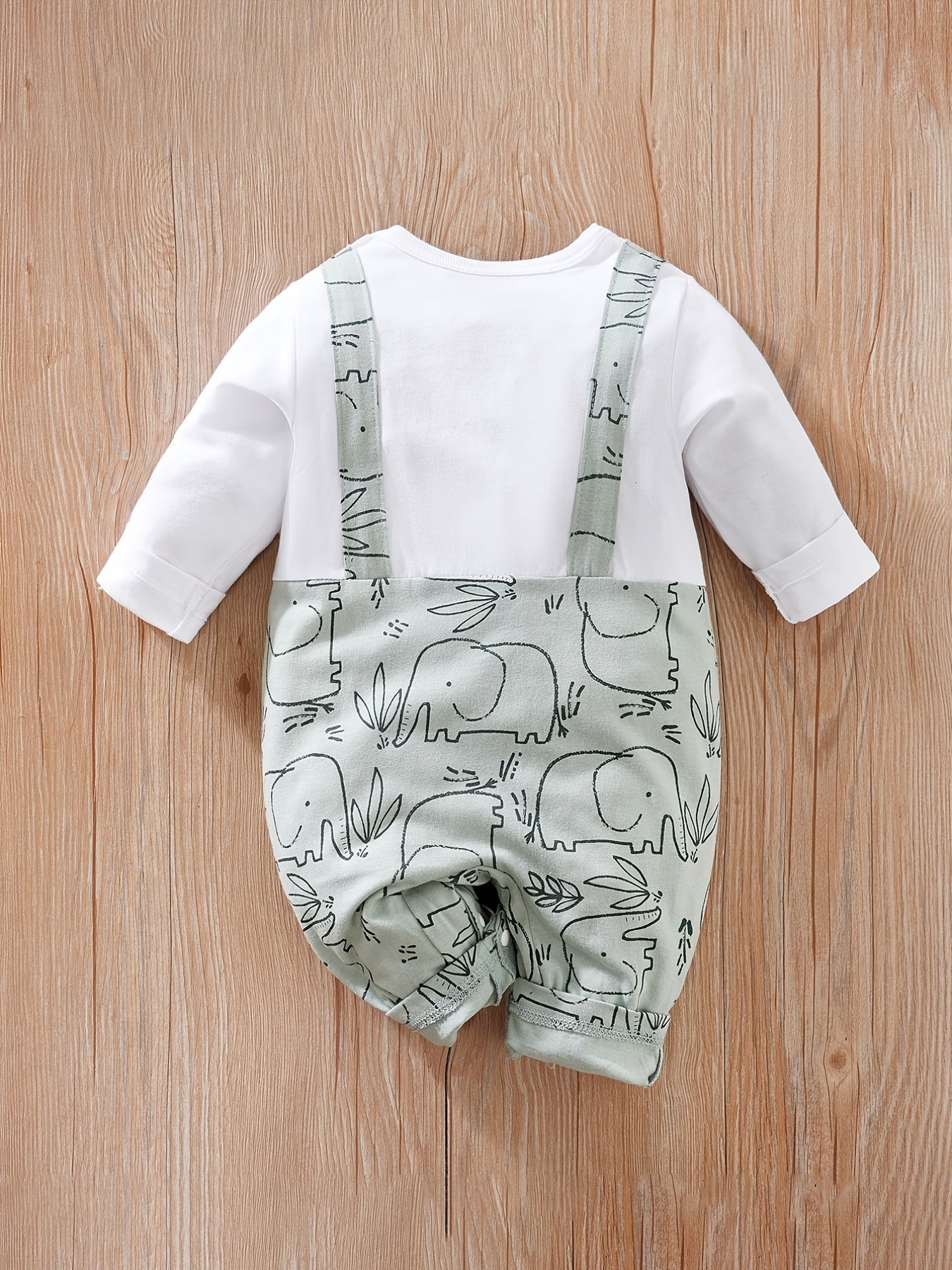 Baby Boys Cute Elephant Graphic Jumpsuits, Long Sleeve Fake Two-piece Rompers
