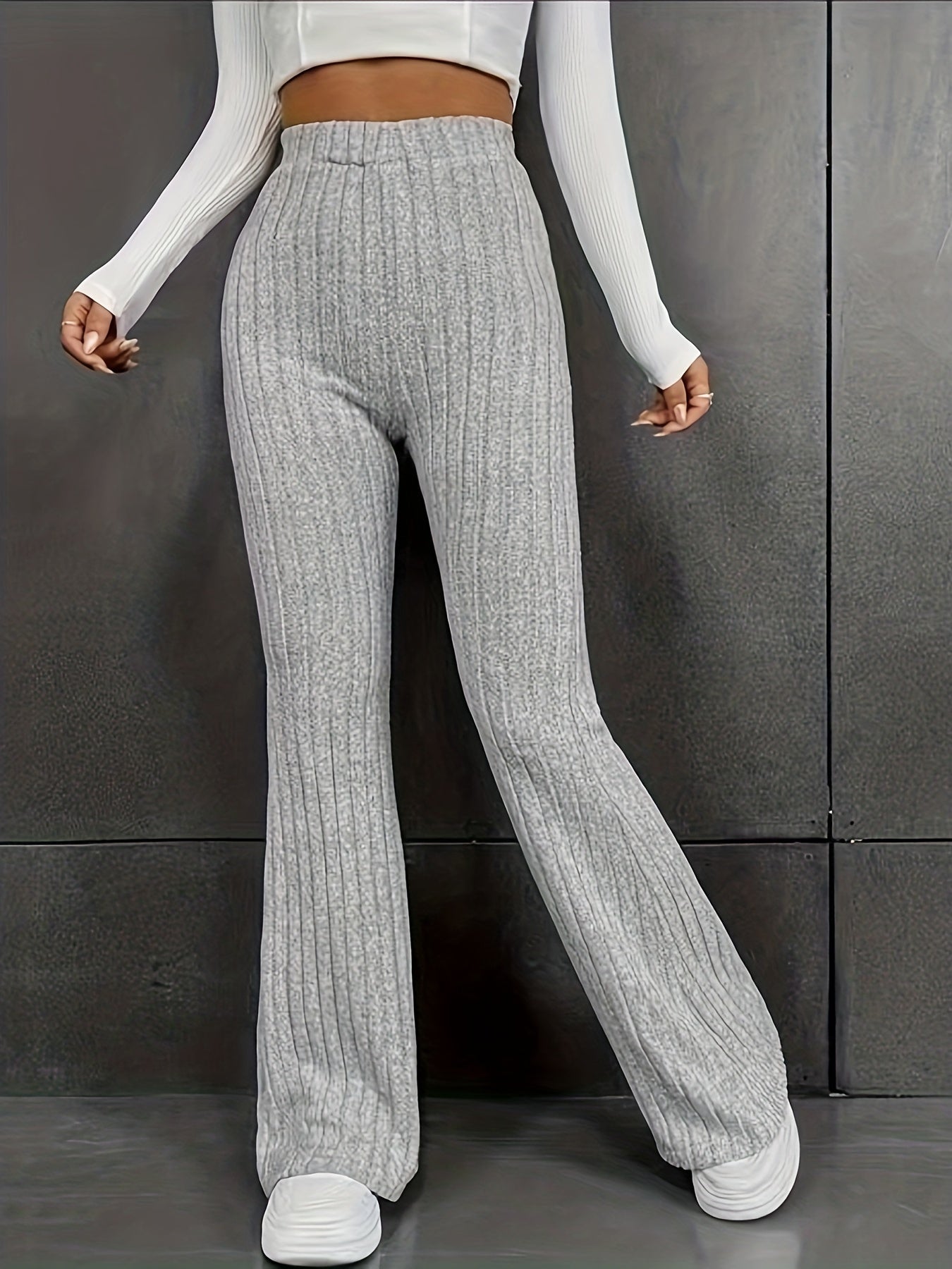 Ribbed Solid Flare Leg Pants, Casual High Waist Pants, Women's Clothing