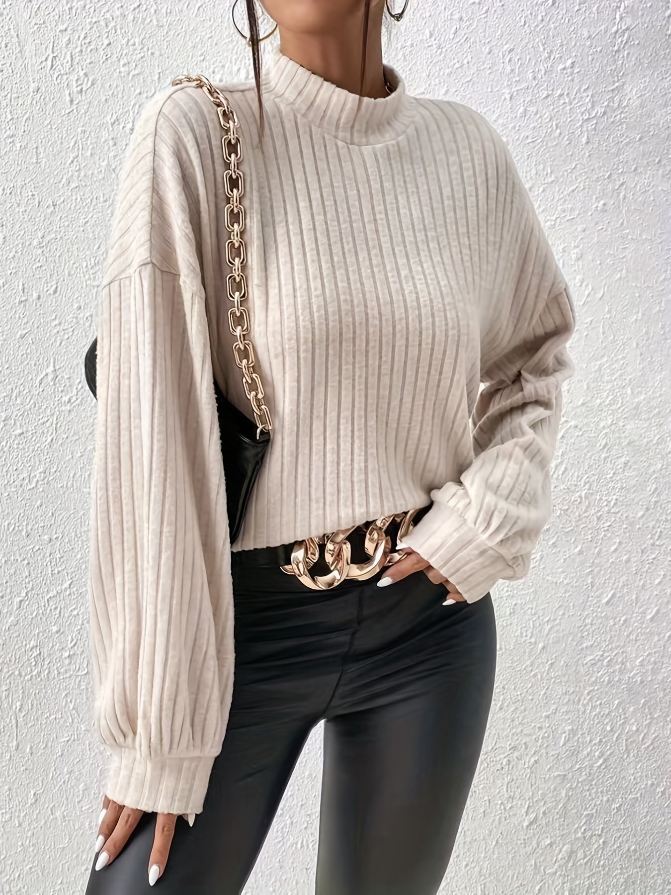 Ribbed Knit Mock Neck Sweater, Casual Long Sleeve Sweater For Fall & Winter, Women's Clothing