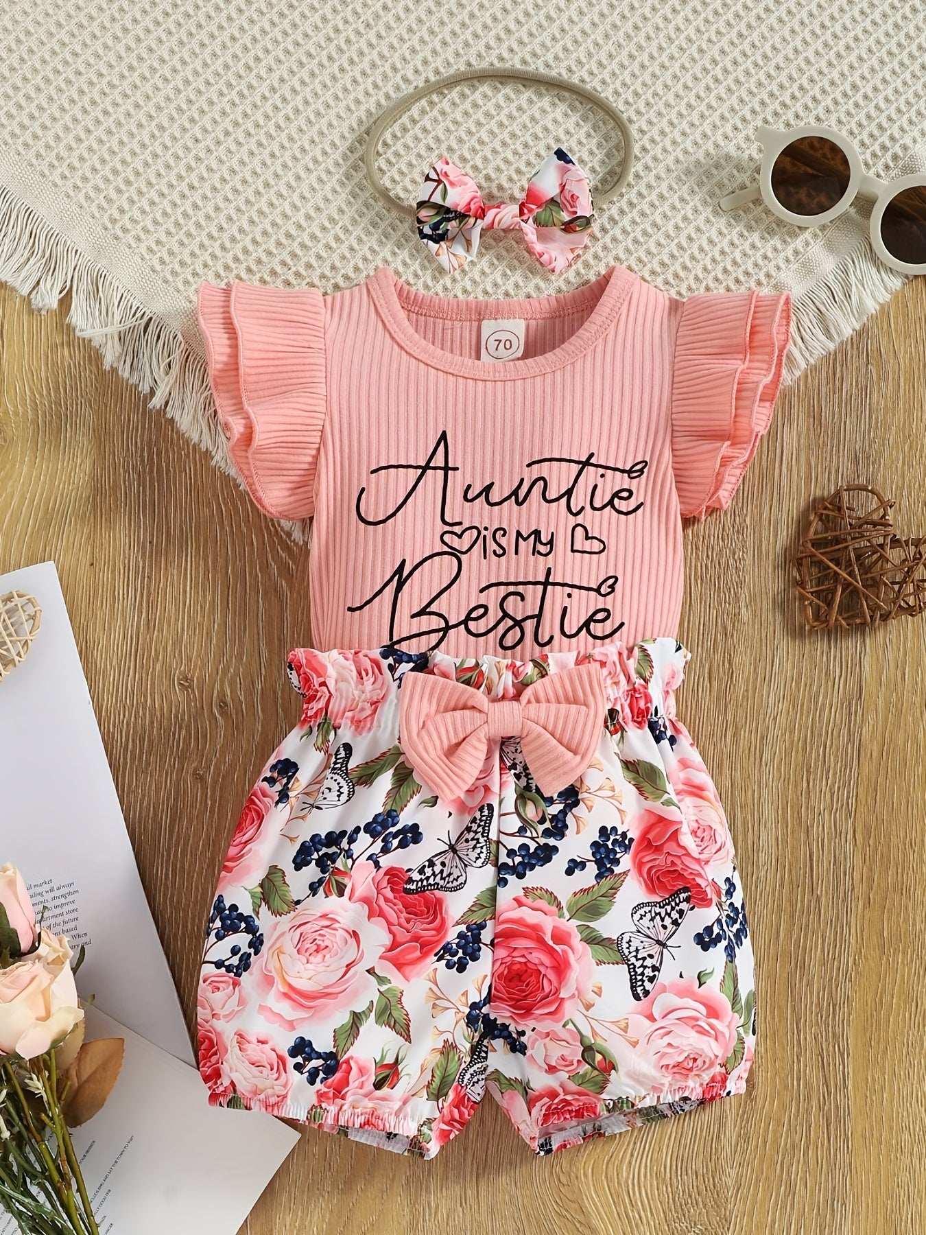 3pcs Baby Infant Girls Cute "Auntie Is My Bestie" Ruffle Sleeve Onesie & Bowknot Floral Shorts & Headband Set Clothes