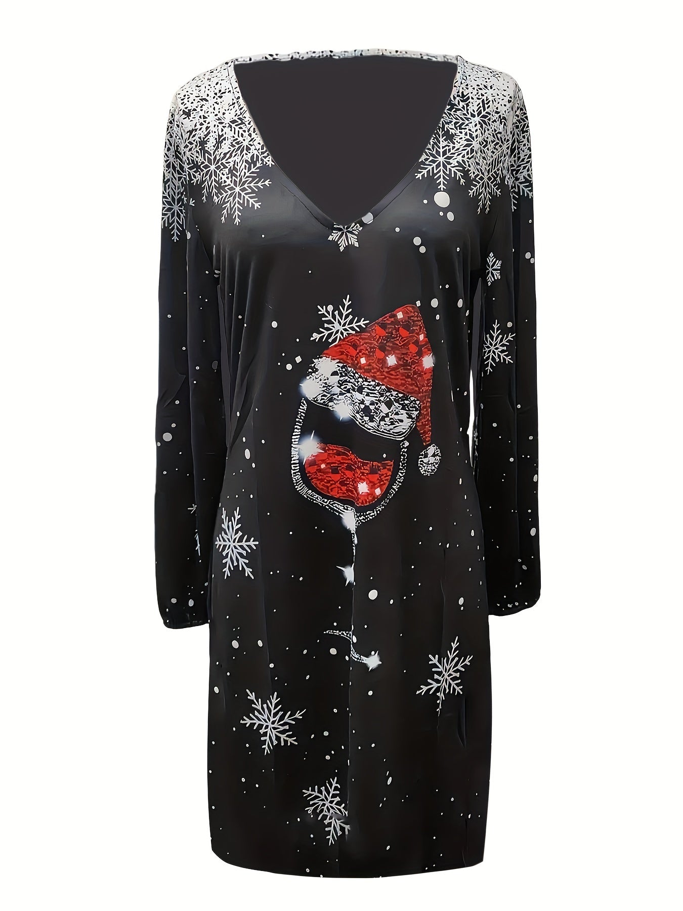 Christmas Wine Print V Neck Dress, Casual Long Sleeve Dress, Women's Clothing