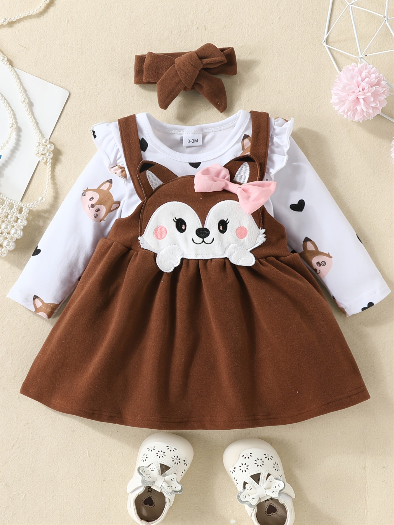 New Baby Girl Cute Fox Pattern Long-sleeved Suspender Skirt Outfit