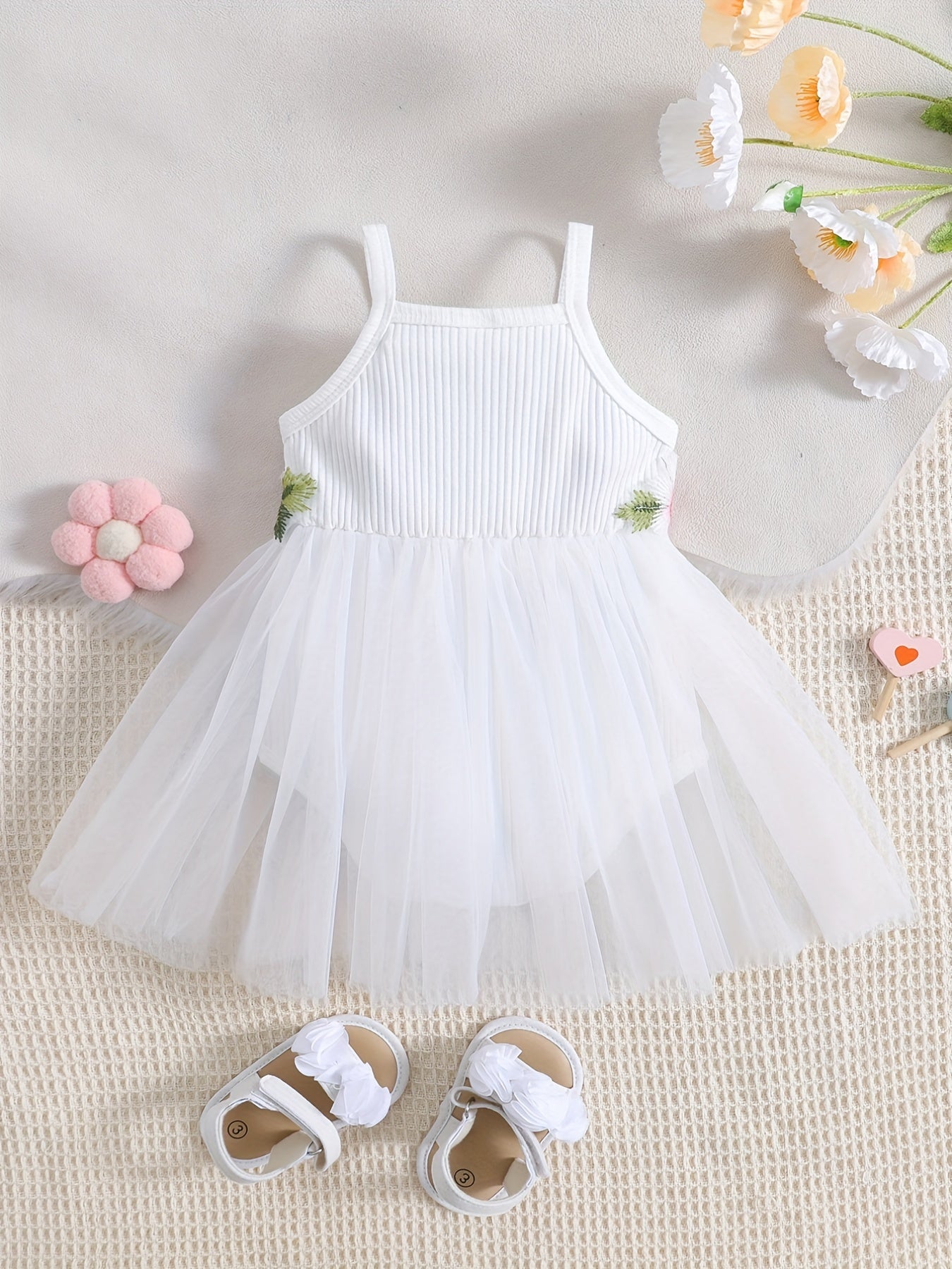 Baby Girl's Cute Floral Embroidery Sleeveless Mesh Cami Onesie Dress Clothes With Fashion Mesh Hem And Flower Decors