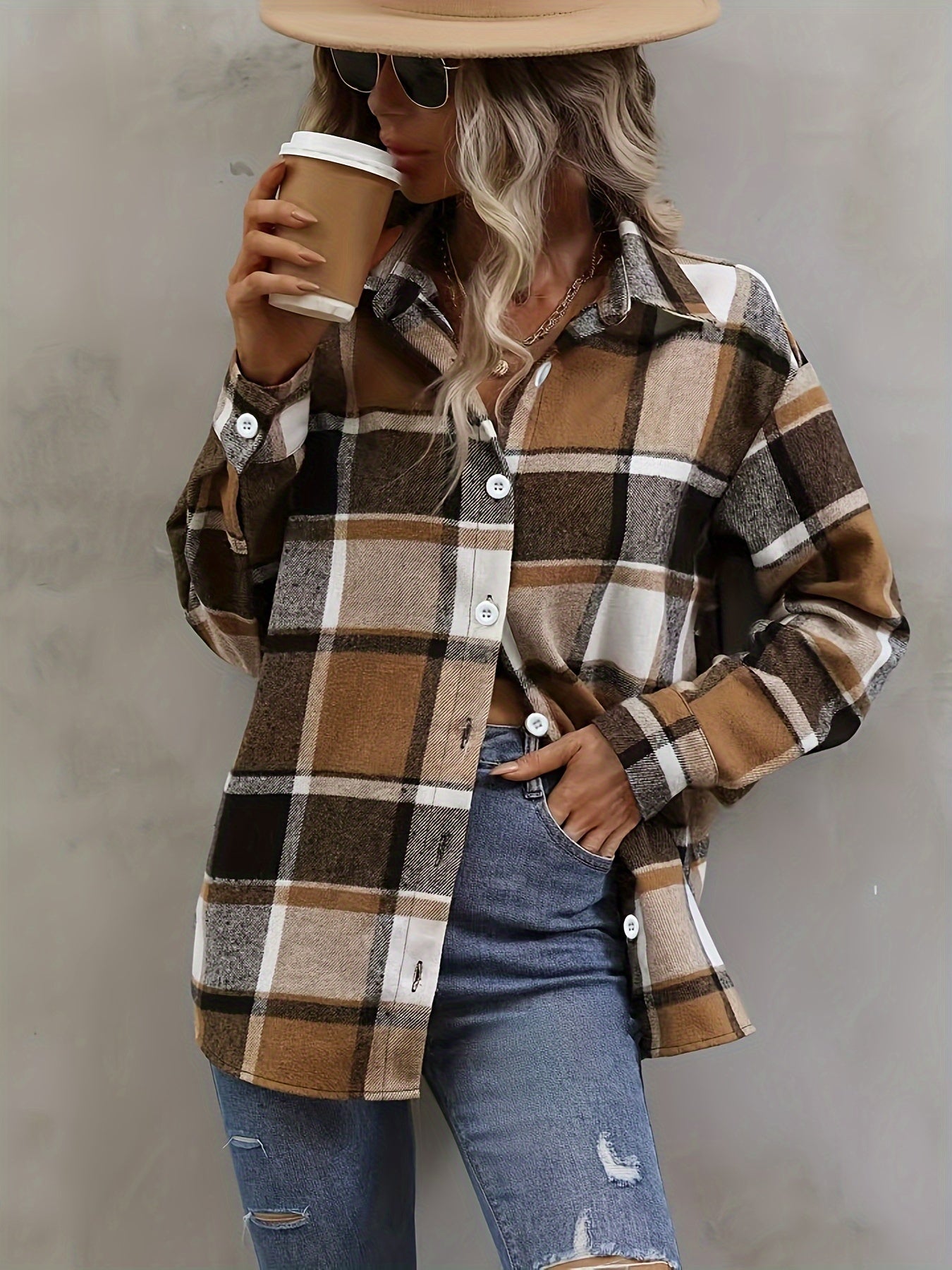 Plaid Button Front Jacket, Casual Long Sleeve Lapel Outwear, Women's Clothing