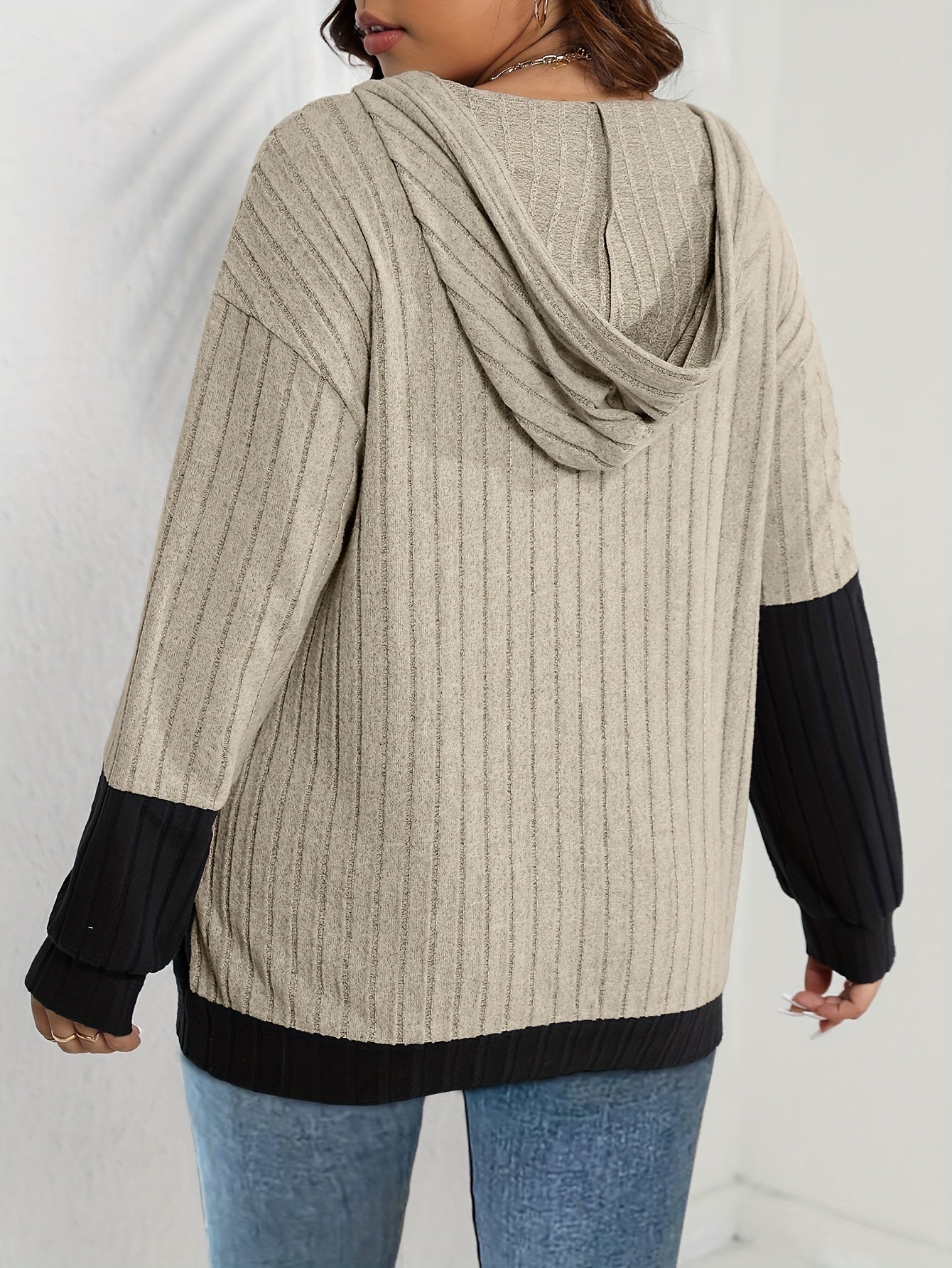 Plus Size Casual Sweatshirt, Women's Plus Colorblock Zipper Long Sleeve Drawstring Hooded Sweatshirt