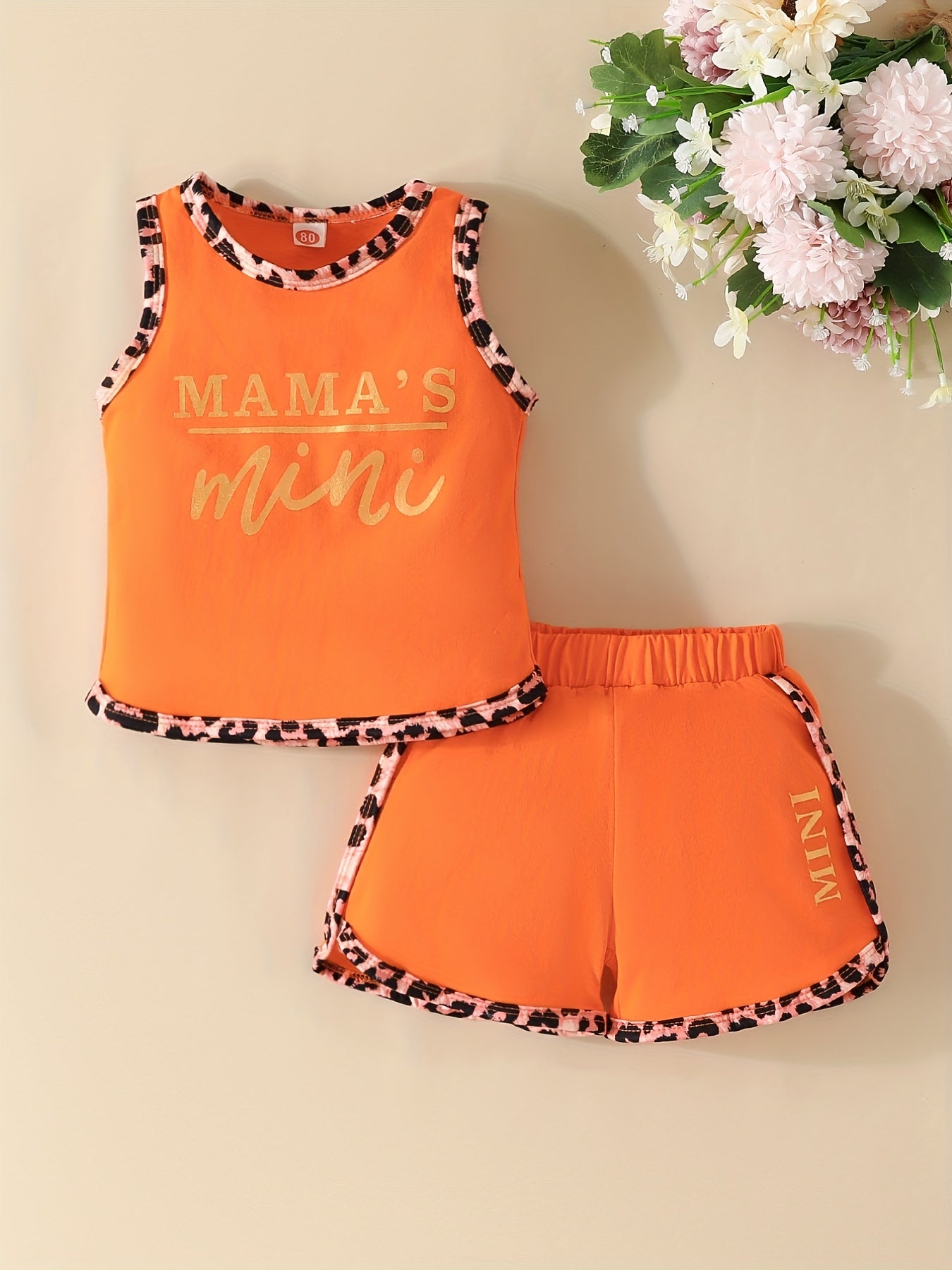 Baby Girls Pink "MAMA'S Mini" Print Stitching Leopard Tank Top & Shorts Set, Cute Casual Summer Outfit