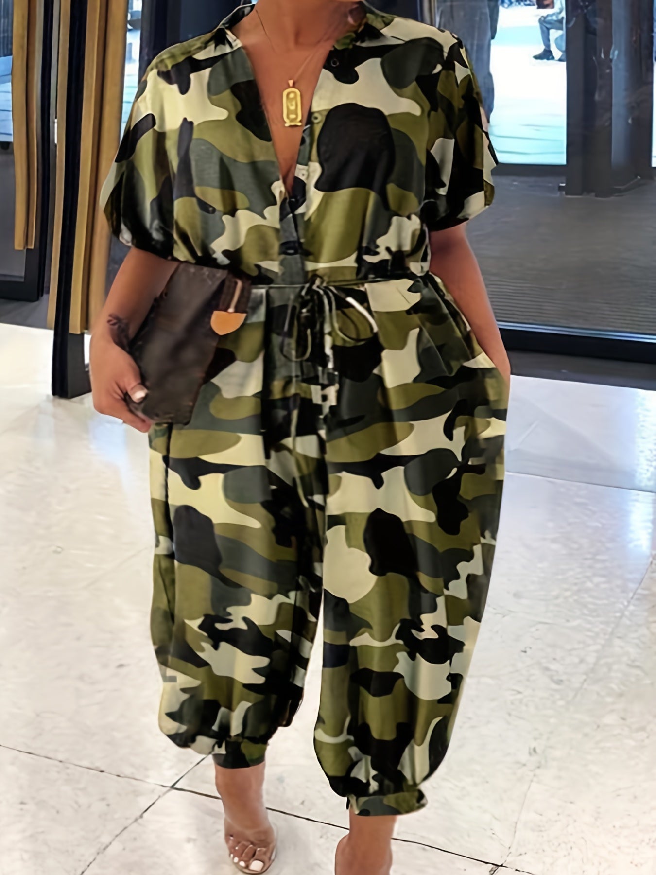 Plus Size Casual Jumpsuit, Women's Plus Camo Print Button Up Turn Down Collar Short Sleeve Tapered Leg Jumpsuit With Belt