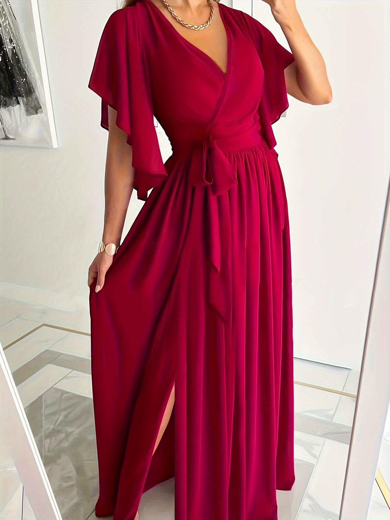 Plus Size Elegant Dress, Women's Plus Solid Ruffle Sleeve Surplice Neck High Split Hem Maxi Dress With Belt