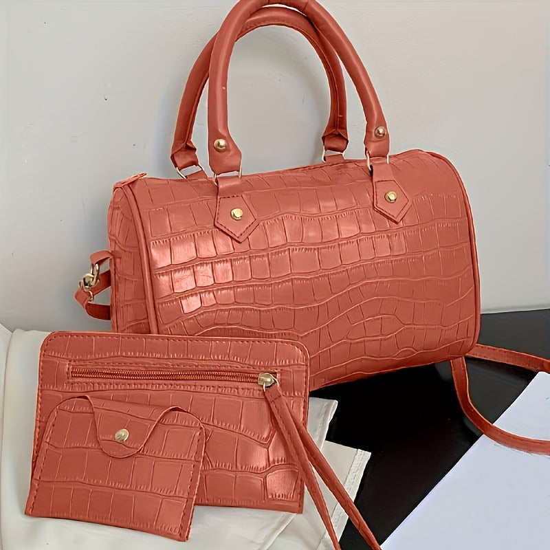 3pcs Retro Crocodile Pattern Handbag Set, Women's Crossbody Boston Bag With Clutch Bag & Credit Card Holder