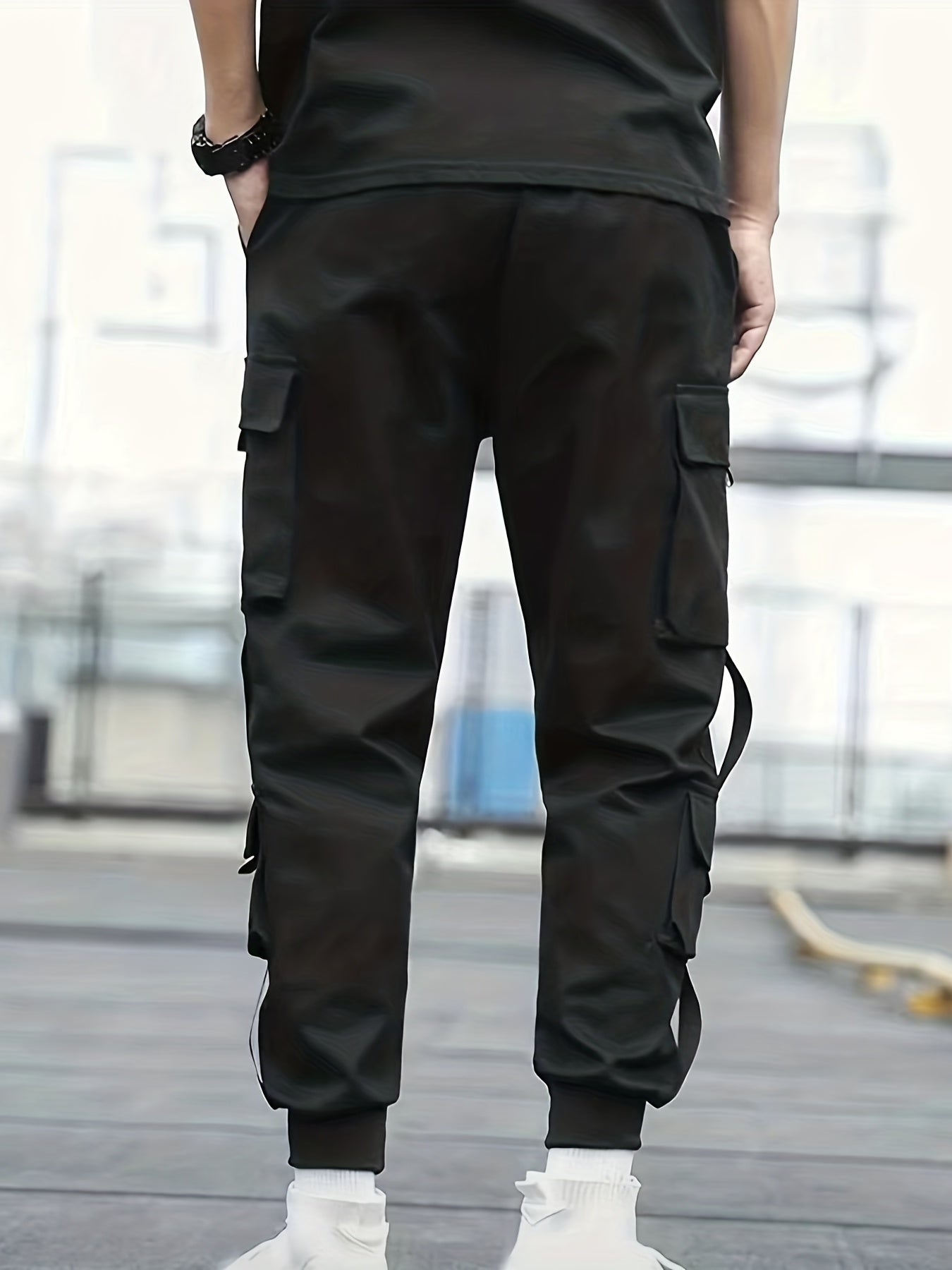 Ribbon Design, Men's Drawstring Overalls With Pockets, Loose Trendy Comfy Jogger Pants