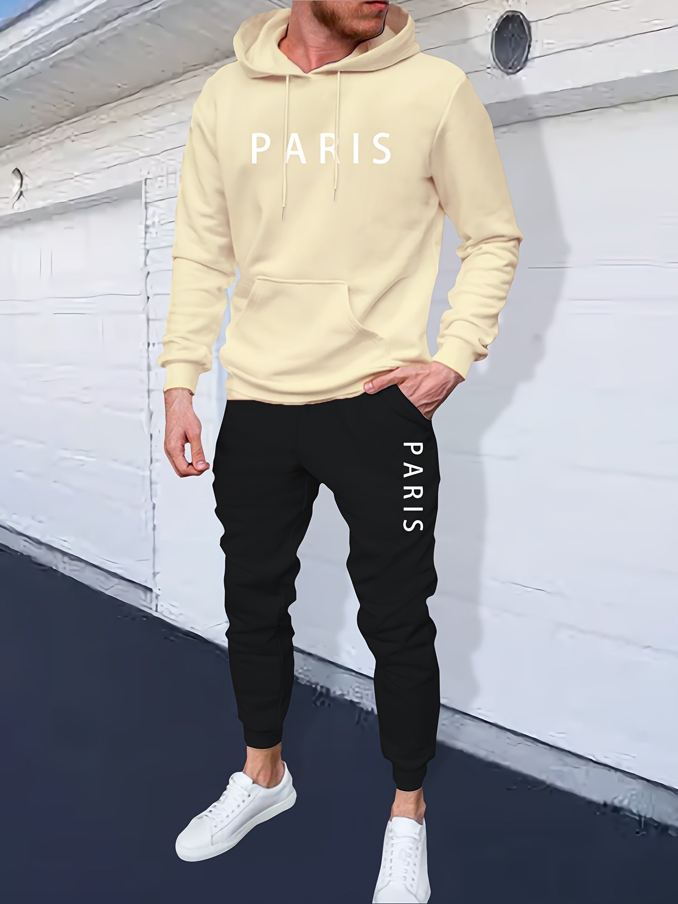 Casual 2pcs Set, Men's "Paris" Print Hoodie & Drawstring Sweatpants Matching Set For Fall Winter