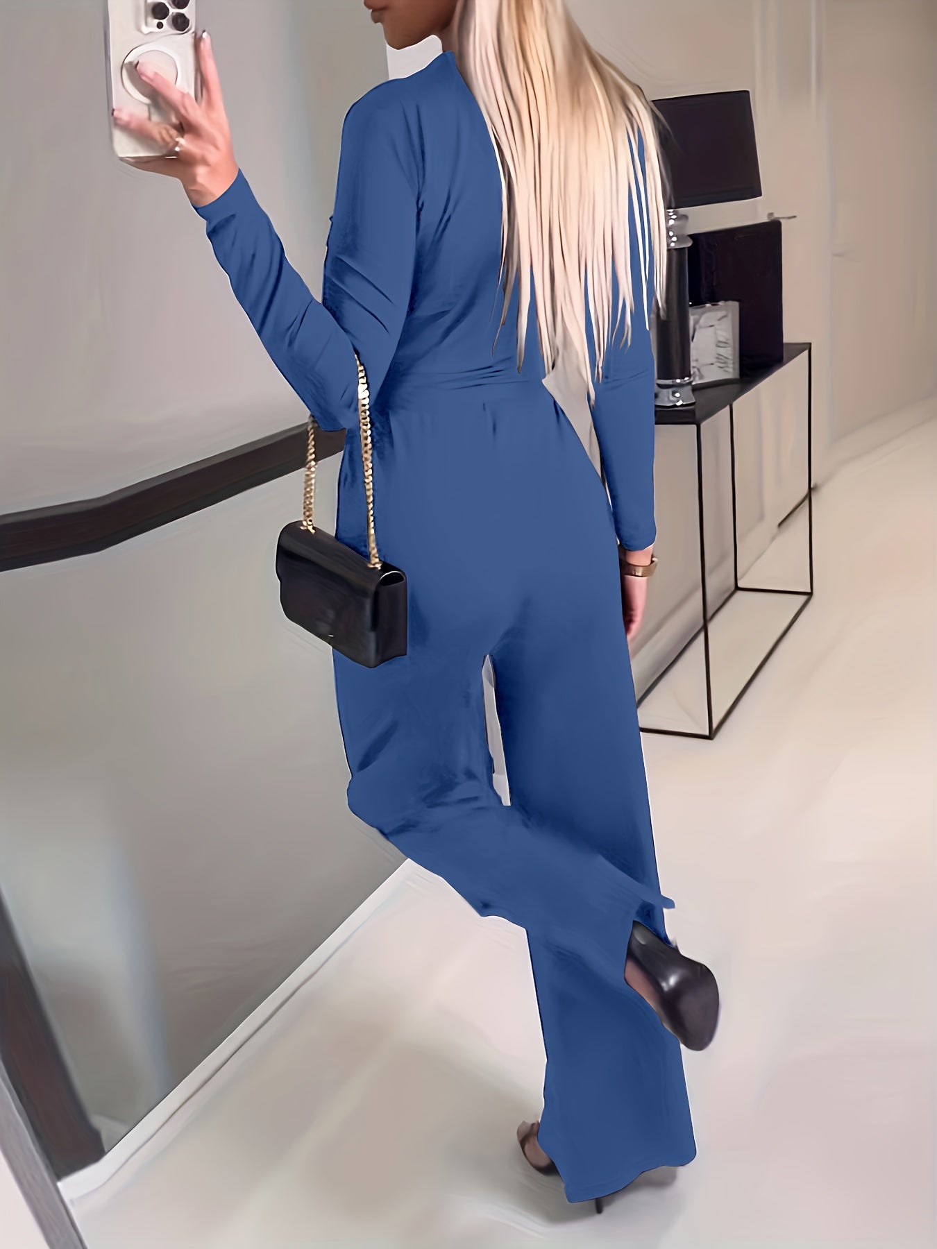 Wide Leg Belted Jumpsuit, Sexy Long Sleeve V Neck Jumpsuit, Women's Clothing