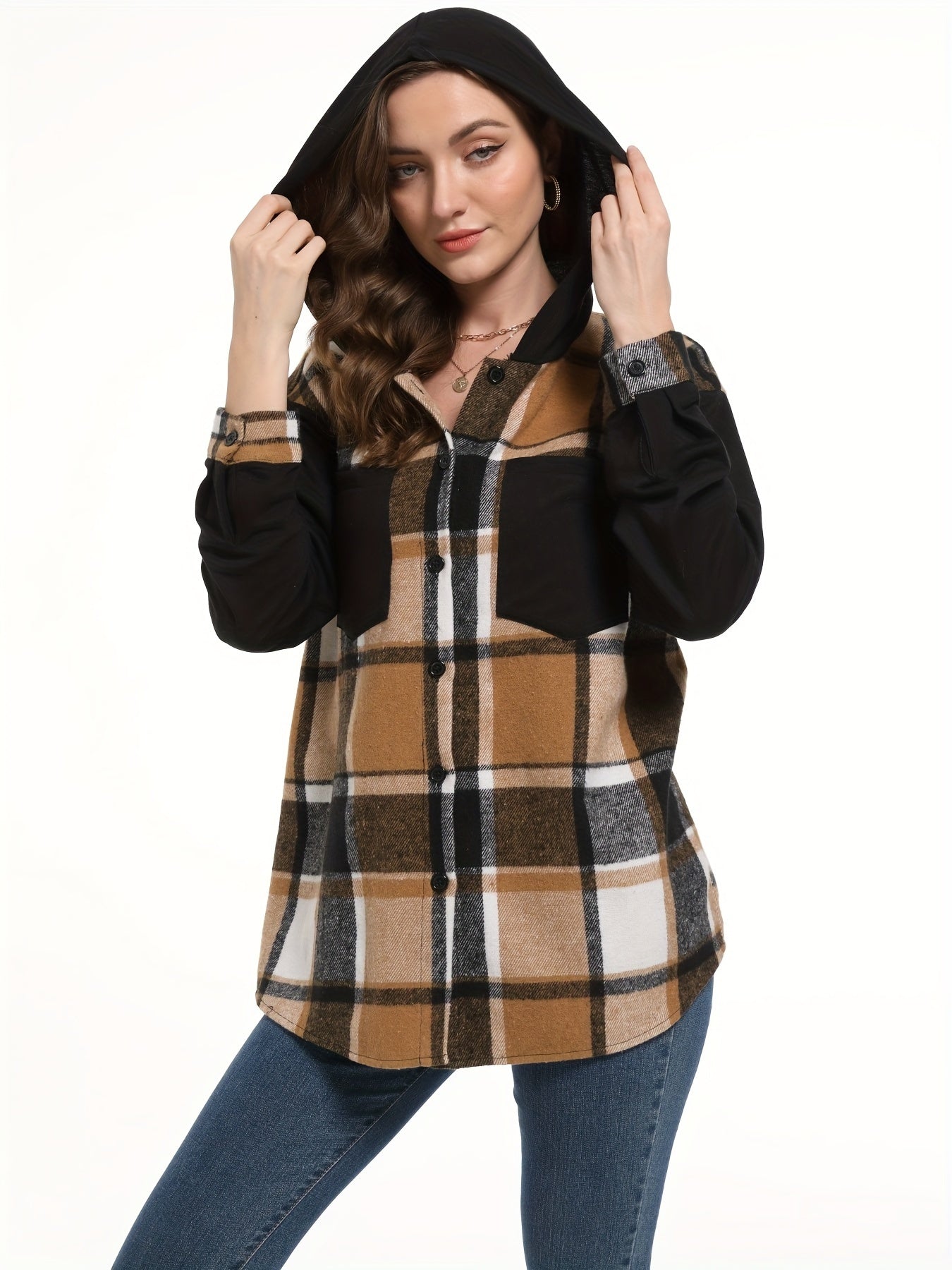 Plaid Print Hooded Jacket, Casual Button Front Long Sleeve Outerwear, Women's Clothing