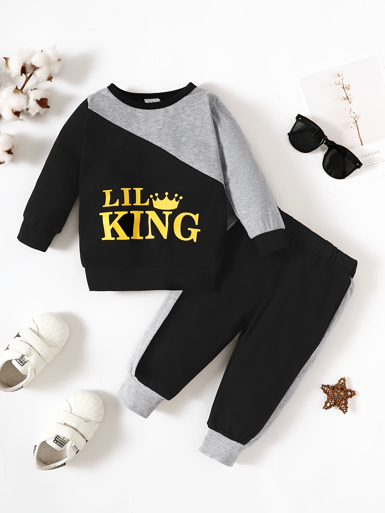 Baby Boys Trendy Contrast Color "LIL KING" Print Pullover Long Sleeve Sweatshirt & Pants Set, Kids Casual Clothes