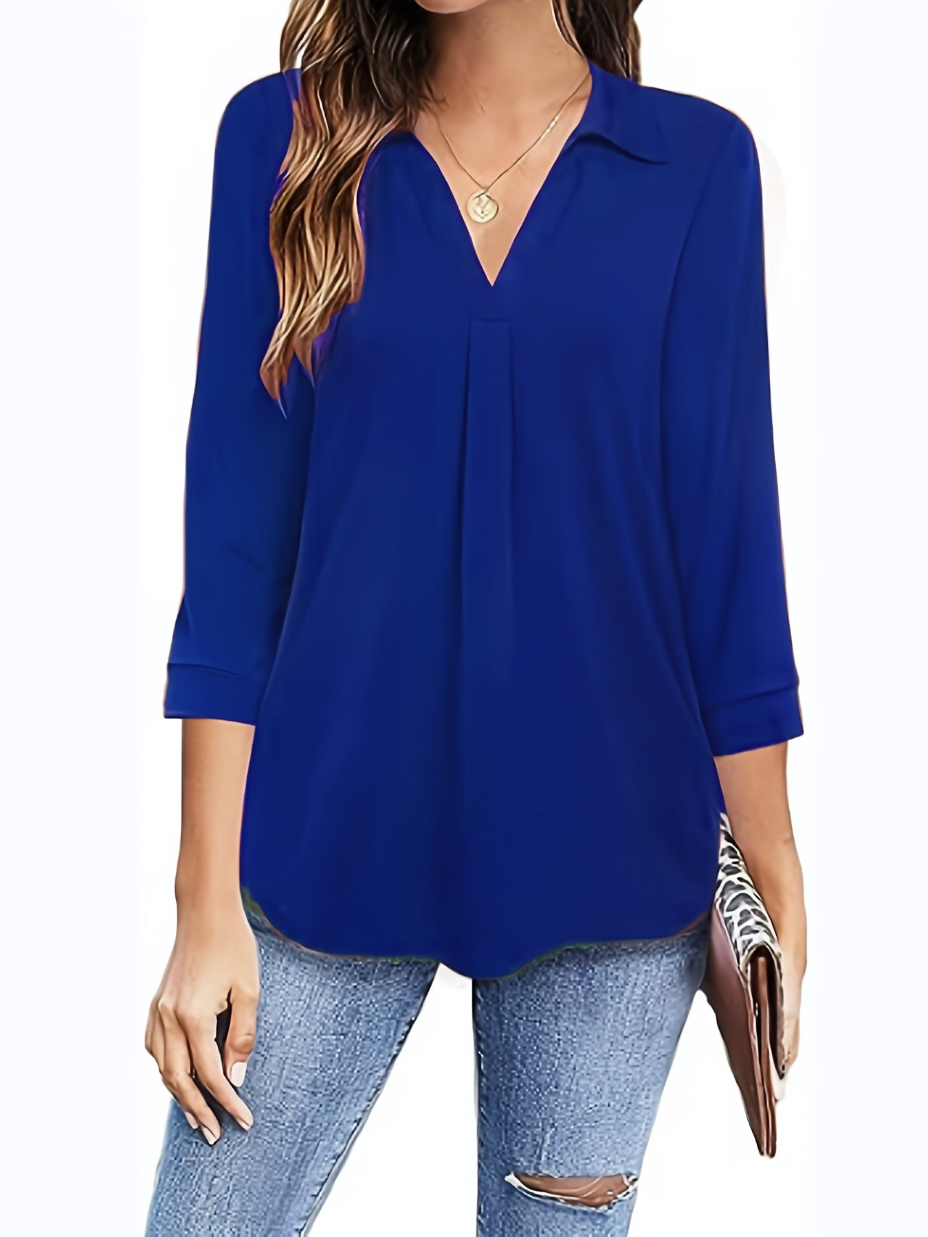Plus Size Casual Blouse, Women's Plus Solid Half Sleeve Turn Down Collar Tunic Top