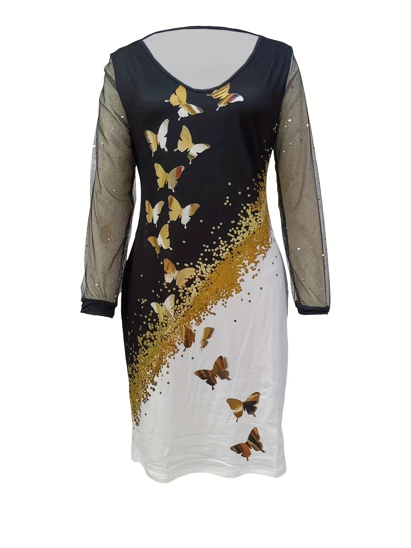 Plus Size Casual Dress, Women's Plus Golden Butterfly & Dot Print Contrast Mesh Long Sleeve V Neck Knee Length Dress