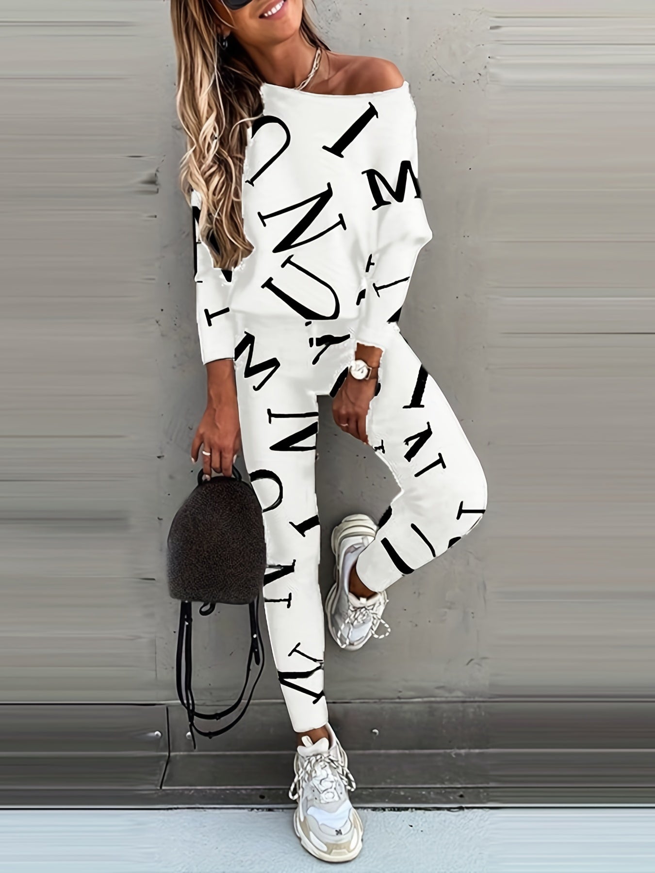 Letter Print Casual Two-piece Set, Crew Neck Long Sleeve Tops & Slim Pants Outfits, Women's Clothing
