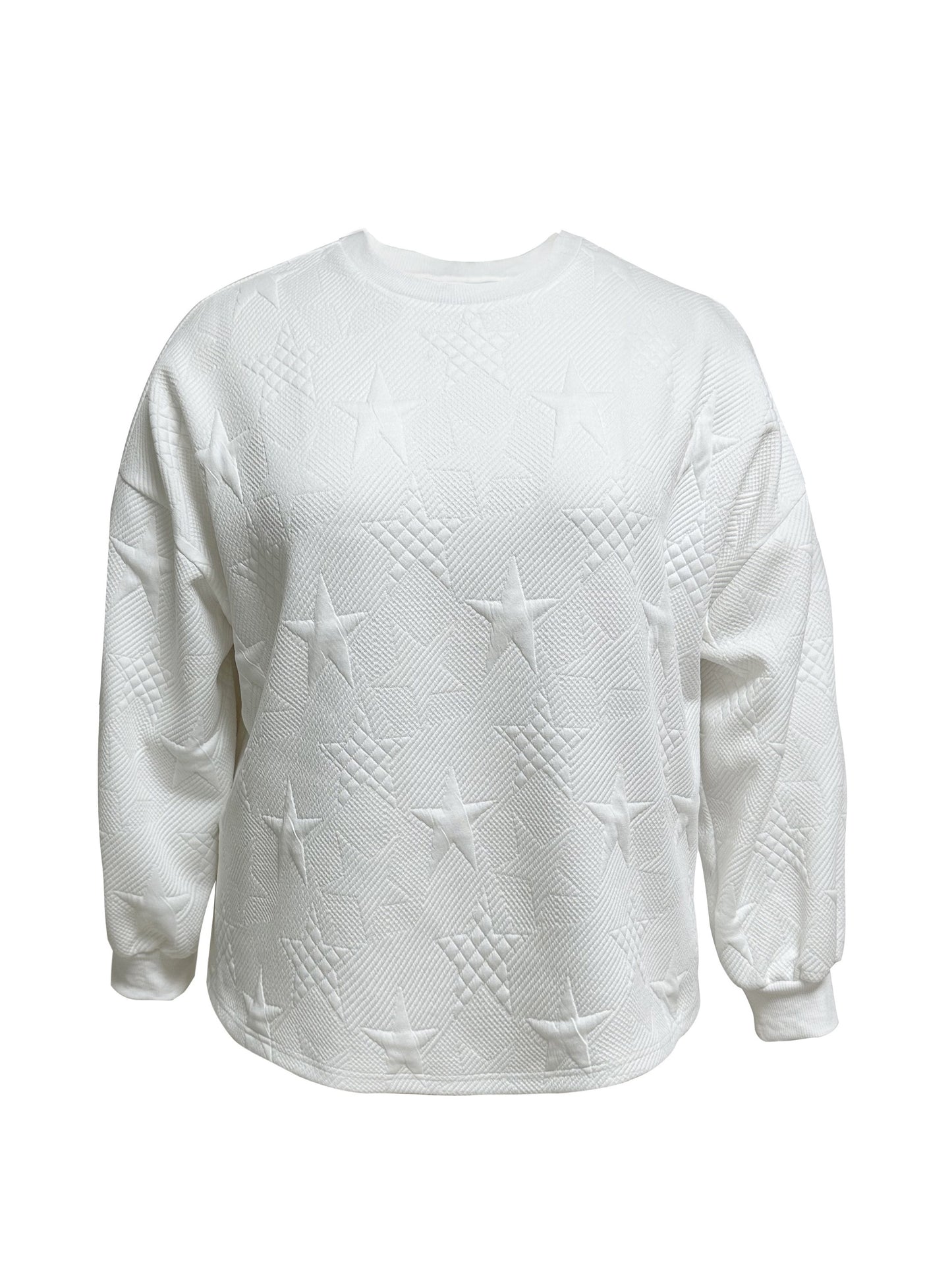 Plus Size Casual Sweatshirt, Women's Plus Solid Star Embossed Long Sleeve Round Neck Sweatshirt
