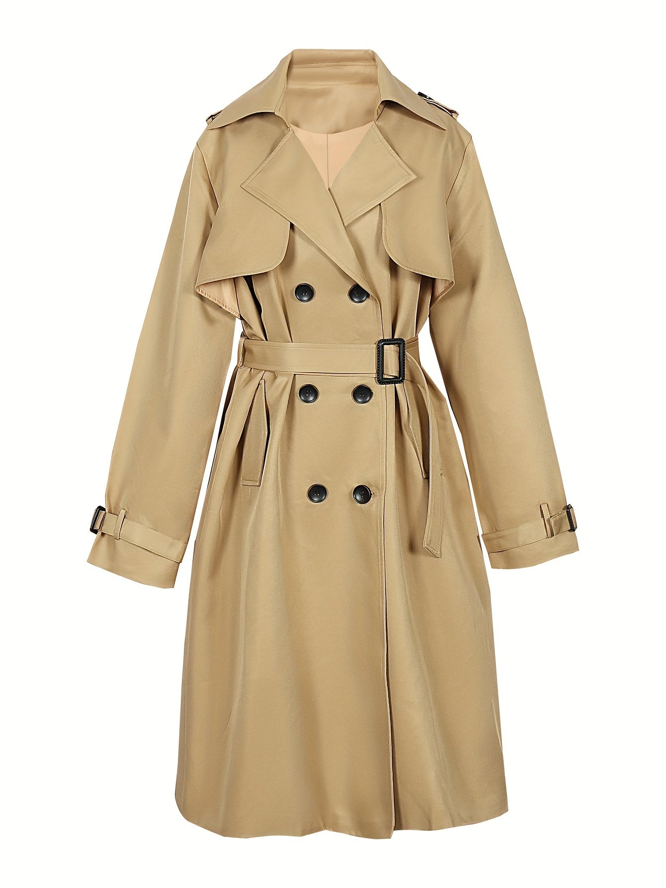 Plus Size Casual Coat, Women's Plus Solid Long Sleeve Lapel Collar Double Button Buckle Overcoat With Belt