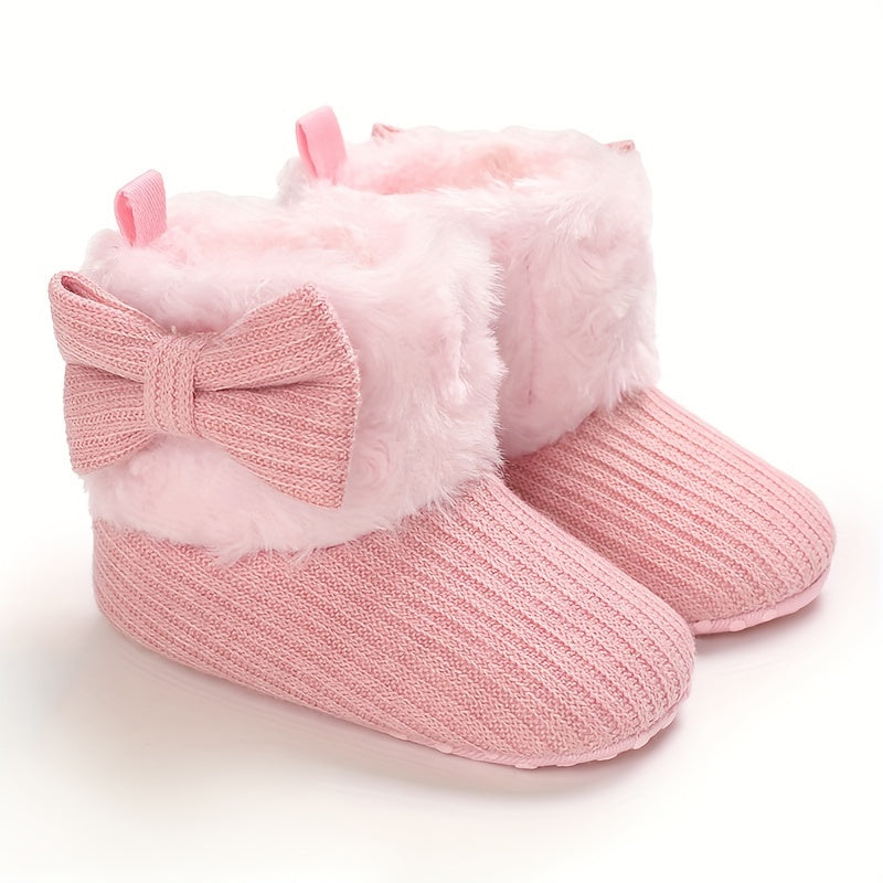 Cute Bowknot Comfortable Boots For Baby Boys And Girls, Soft Warm Plus Fleece Boots For Indoor Walking, Winter