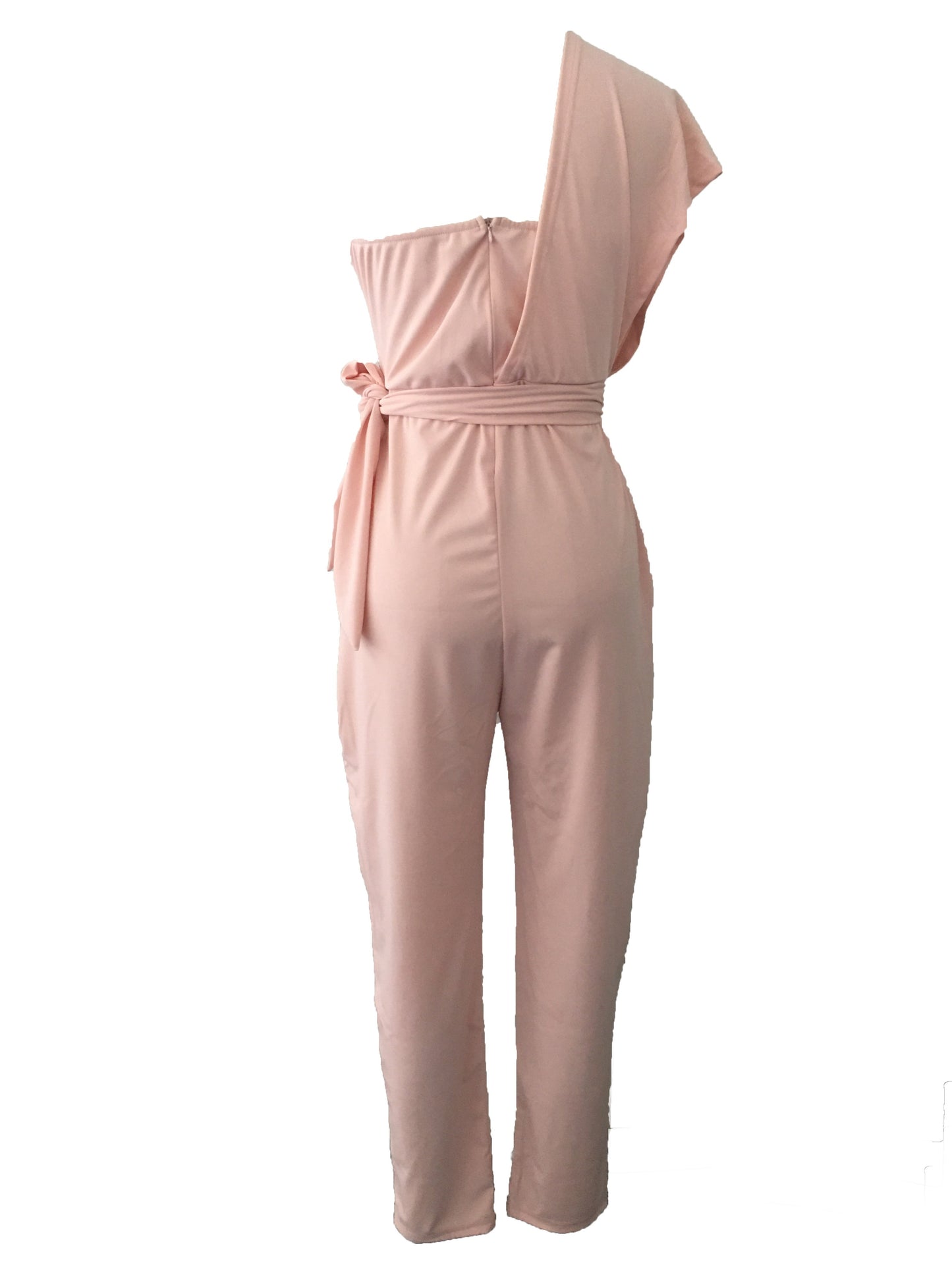 Sequin One Shoulder Jumpsuit, Party Solid Tie Waist Long Length Slim Jumpsuit, Women's Clothing