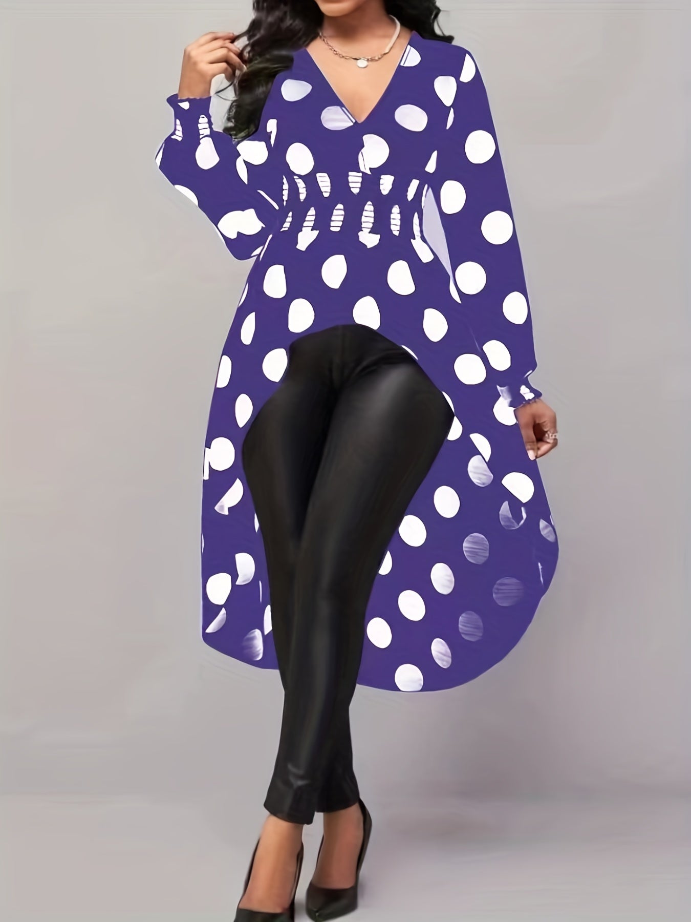 Asymmetrical Polka Dot Blouse, Long Sleeve V-neck Blouse, Casual Every Day Tops, Women's Clothing