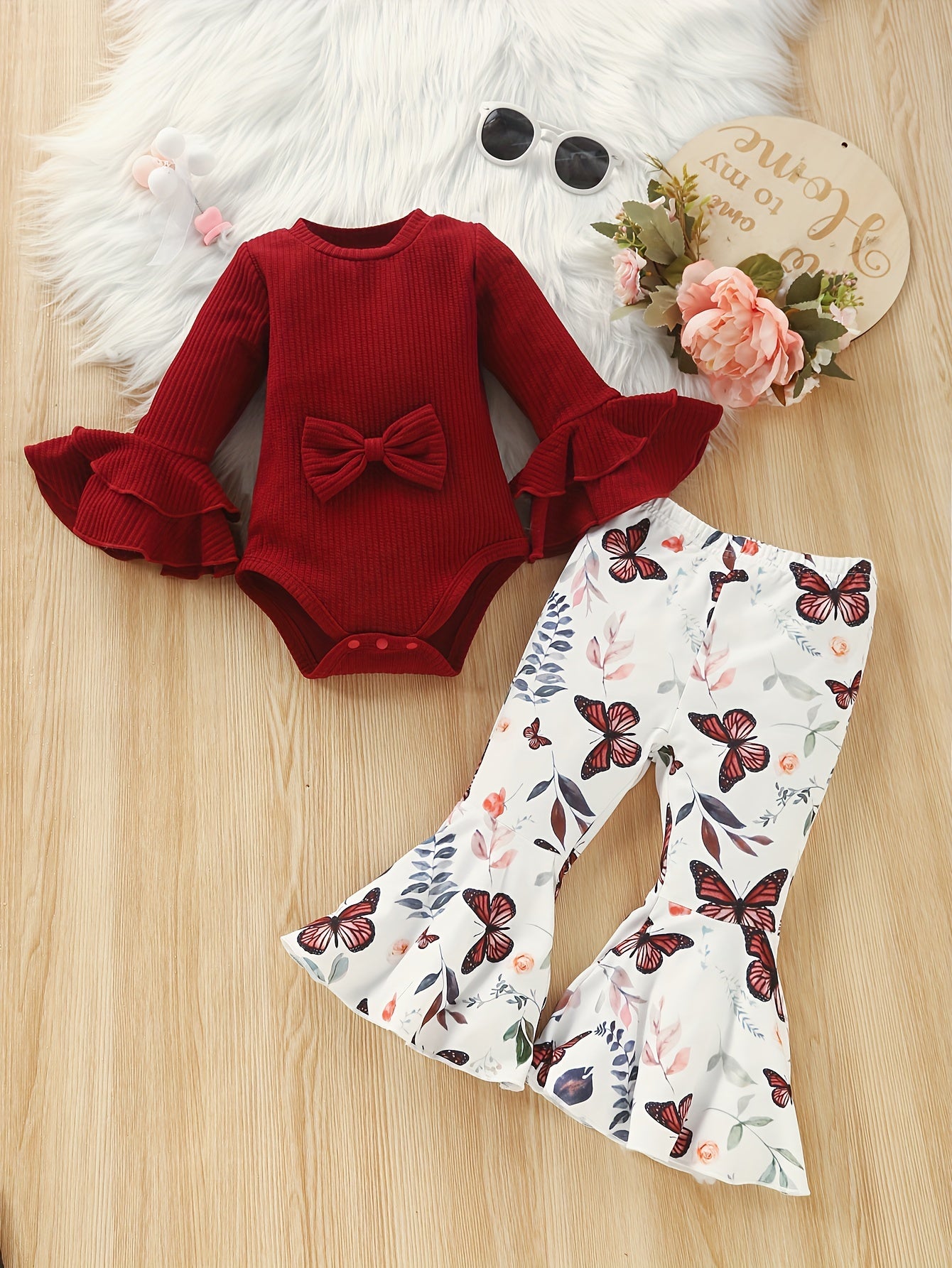Baby Girl's Long Flared Sleeve Triangle Romper Top + Floral Print Flared Pants Set, Infant Fall Winter Outfit