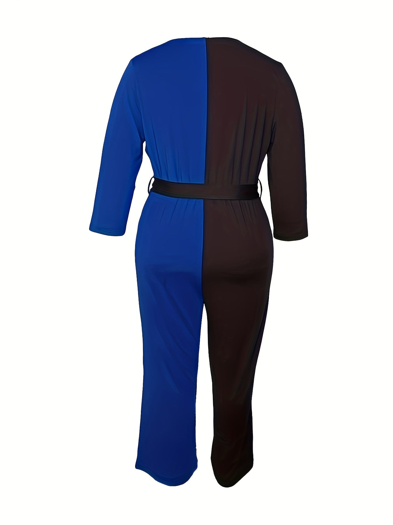 Plus Size Casual Jumpsuit, Women's Plus Colorblock Long Sleeve Surplice Neck Slight Stretch Belted Jumpsuit
