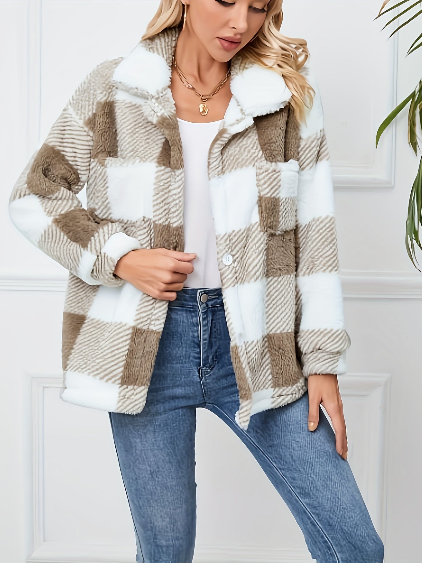 Plaid Pattern Teddy Coat, Casual Button Front Long Sleeve Outerwear, Women's Clothing