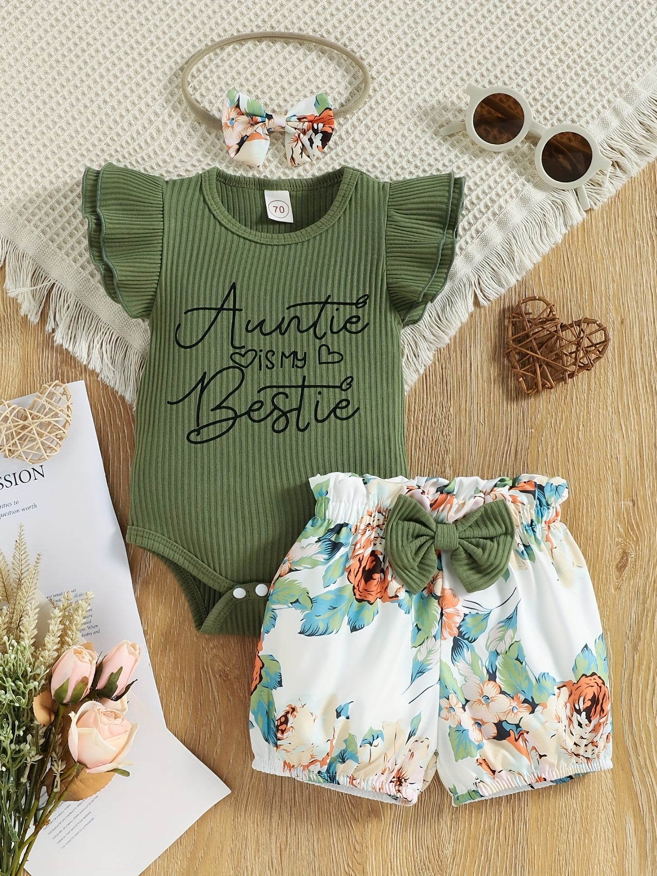 3pcs Baby Infant Girls Cute "Auntie Is My Bestie" Ruffle Sleeve Onesie & Bowknot Floral Shorts & Headband Set Clothes