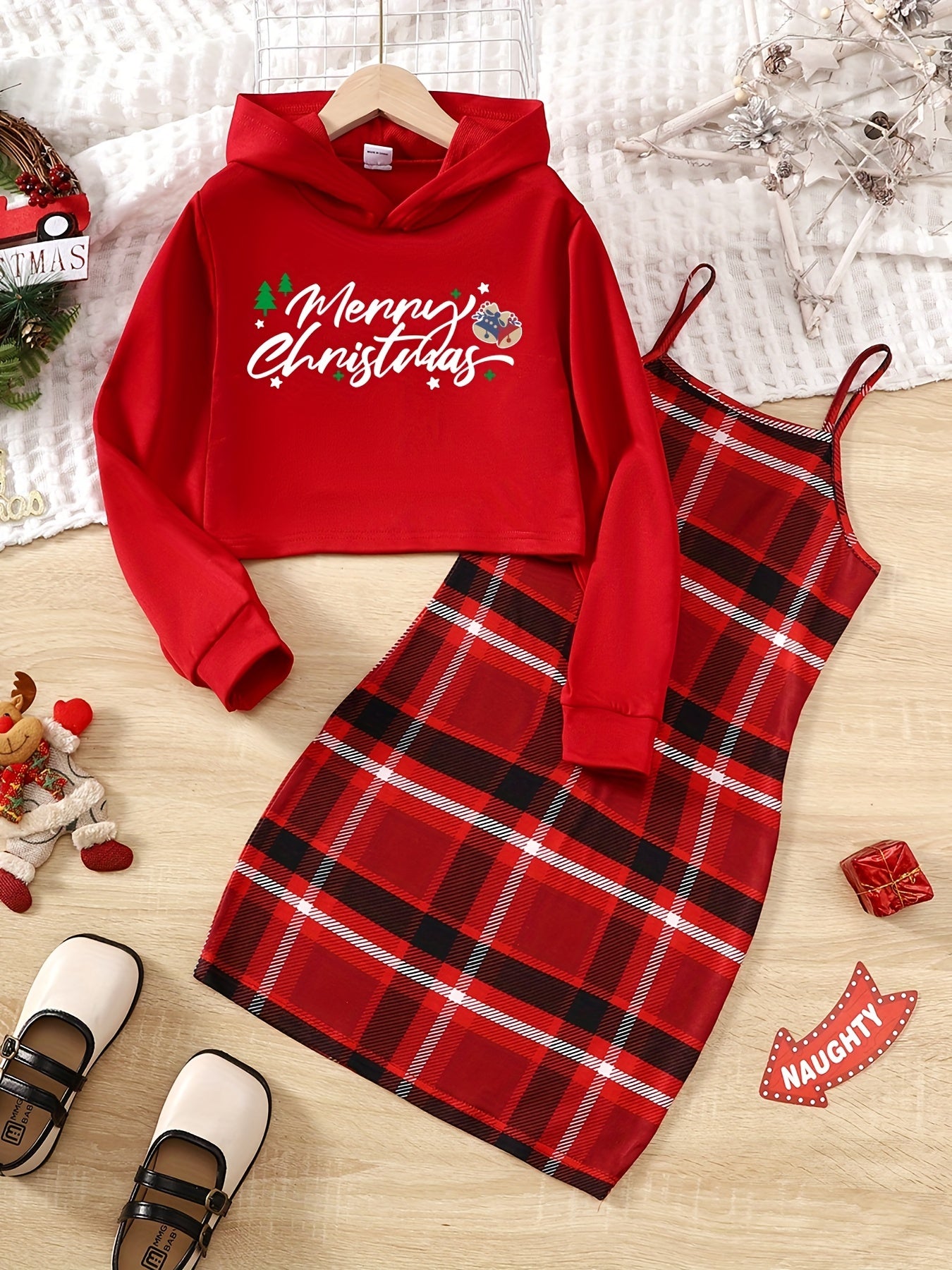 2pcs Girl's Trendy Christmas Outfit, Hoodie & Plaid Pattern Sundress Set, MERRY CHRISTMAS Print Kid's Clothes For Spring Autumn