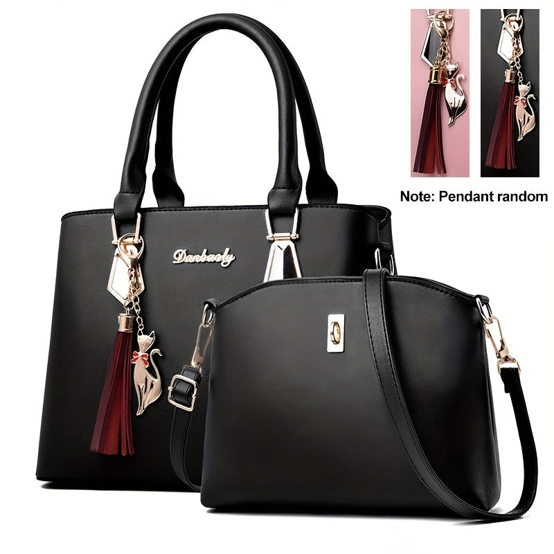 2pcs PU Leather Bag Set, Tassel Decor Handbag & Crossbody Bag, Women's Office & Work Purse