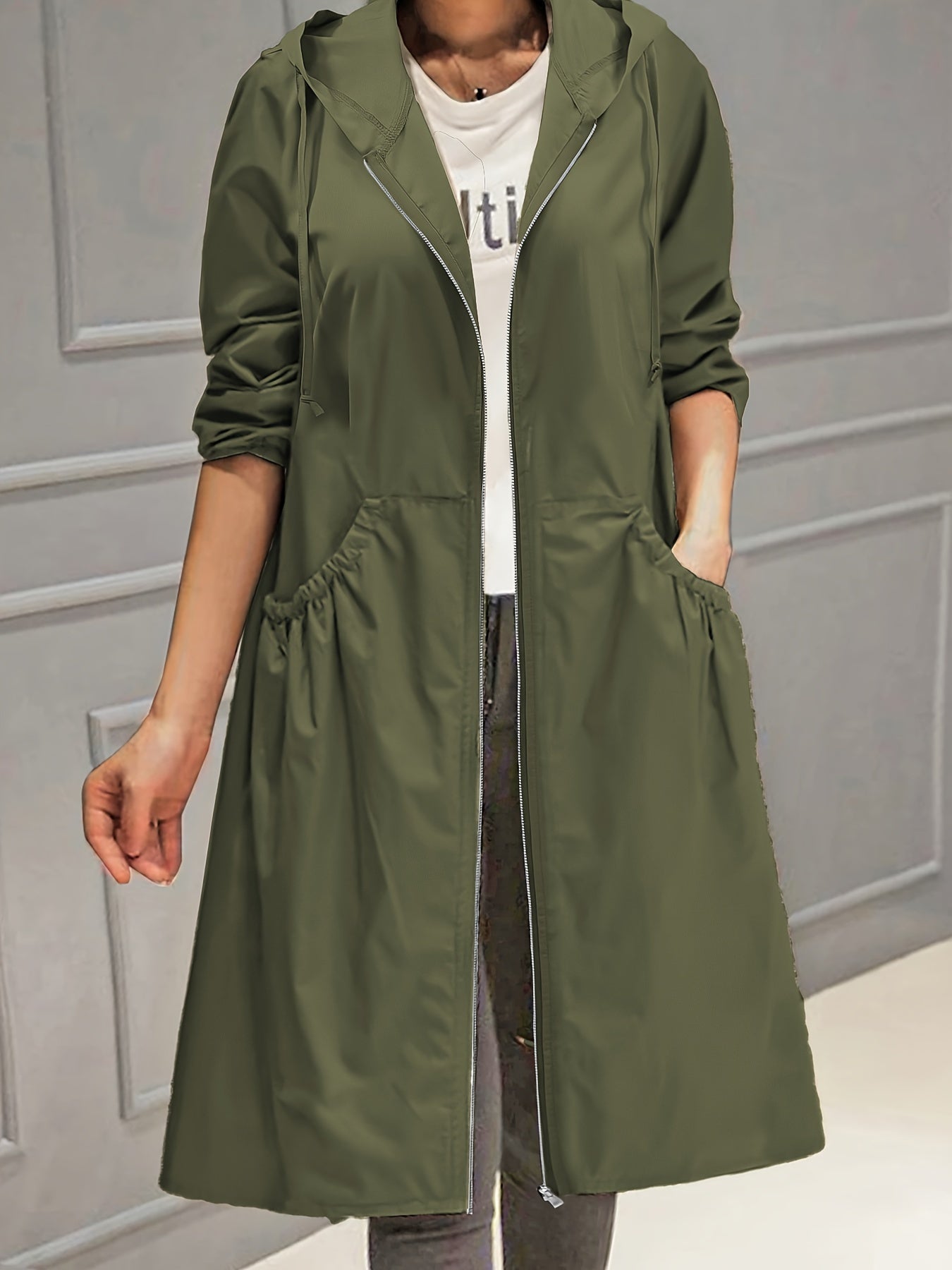 Plus Size Casual Trench Coat, Women's Plus Solid Long Sleeve Hooded Drawstring Zipper Longline Trench Coat With Pockets