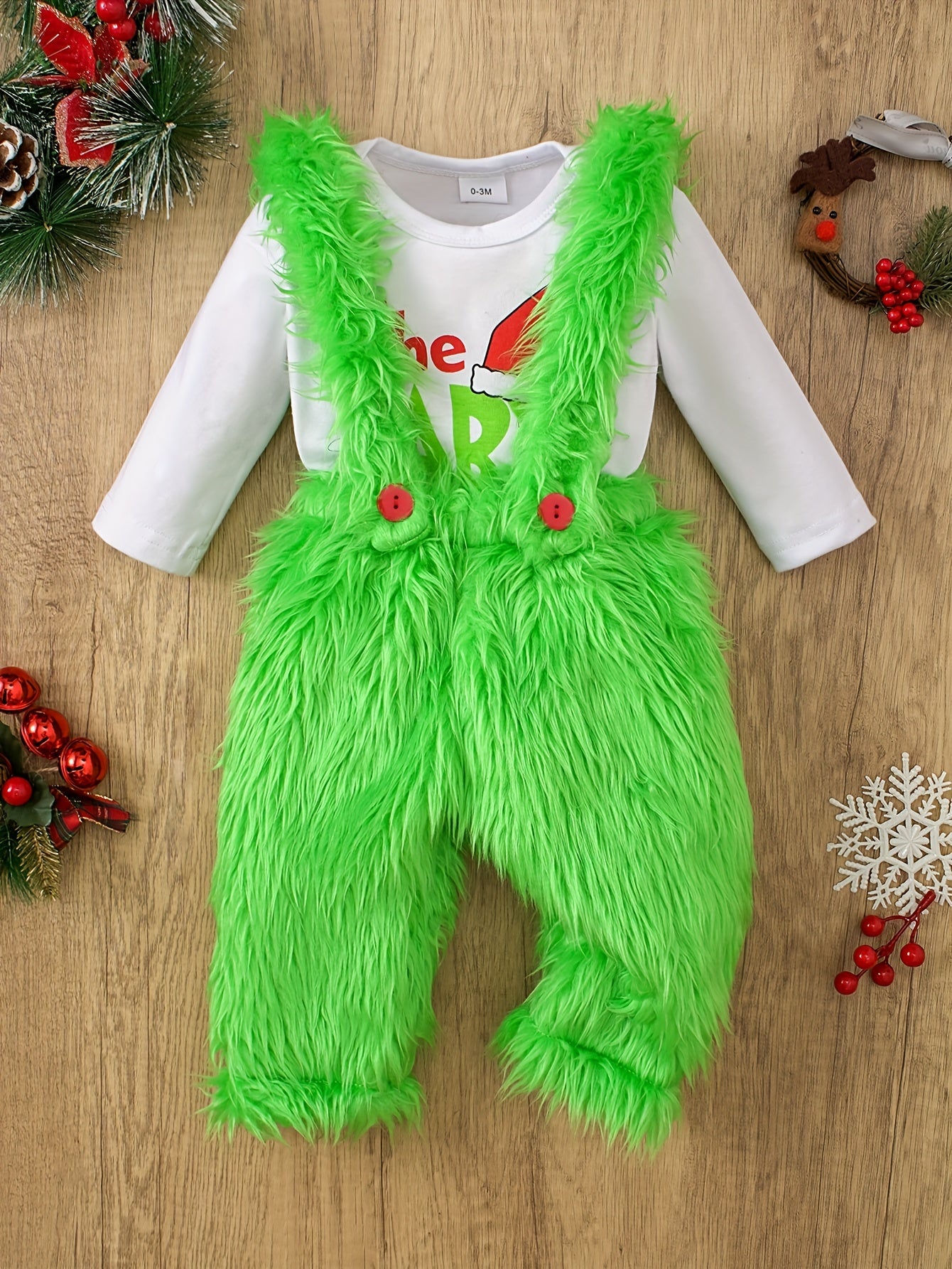 Christmas Baby Adorable Outfits - Letter Print Long Sleeve Round Neck Romper & Furry Green Pants Set, Kid's Party Casual Clothes