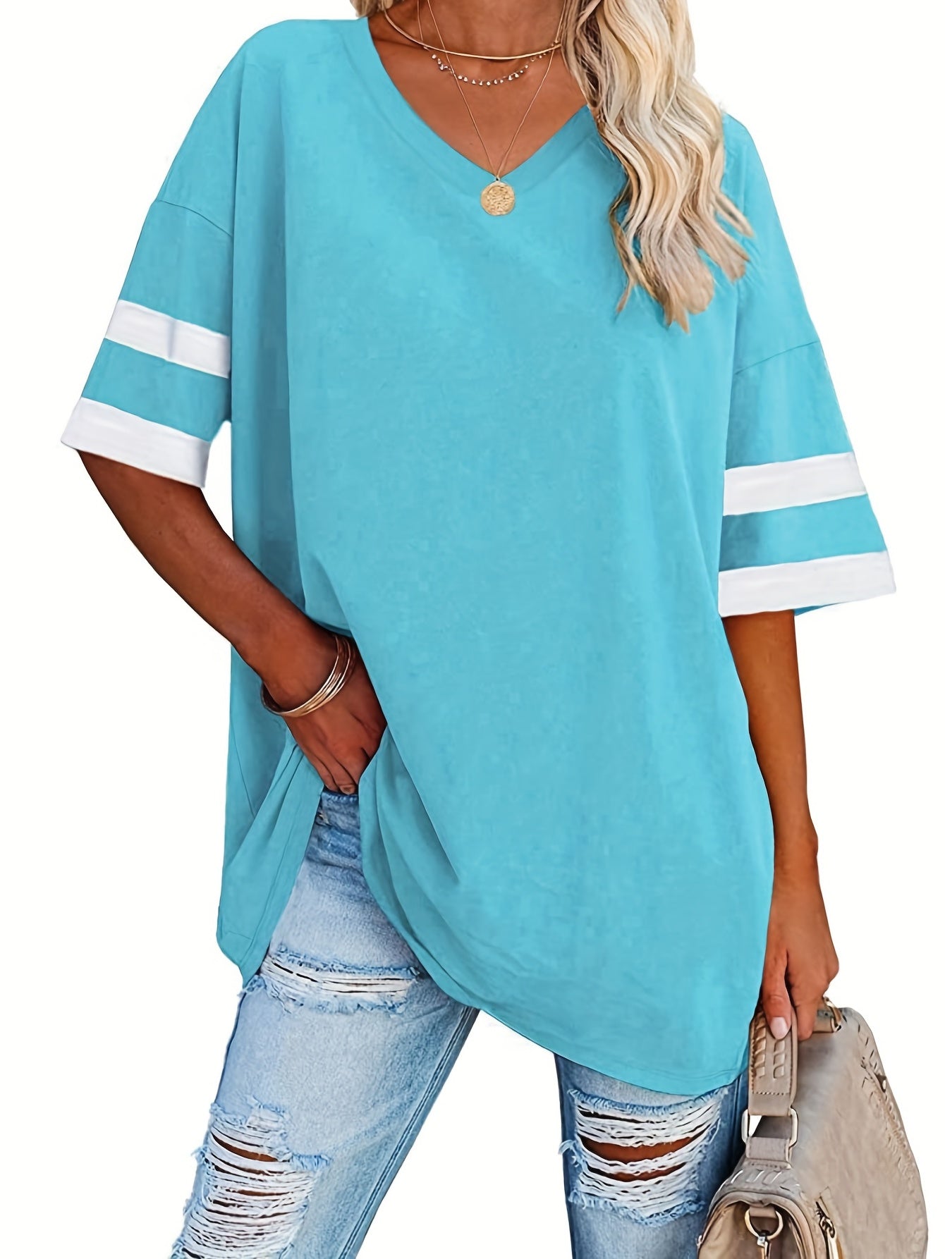 Plus Size Casual T-shirt, Women's Plus Colorblock Drop Shoulder Short Sleeve V Neck Slight Stretch Oversized T-shirt