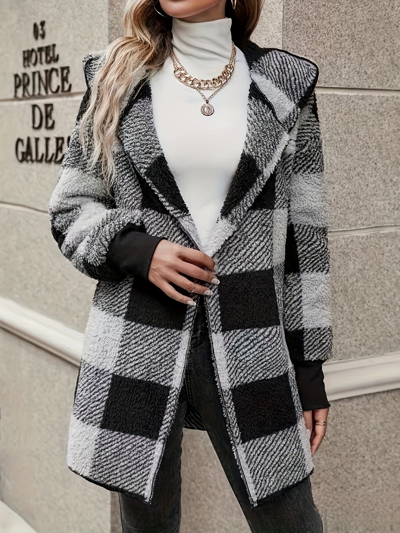 Plaid Print Hooded Teddy Coat, Casual Open Front Thermal Outerwear, Women's Clothing