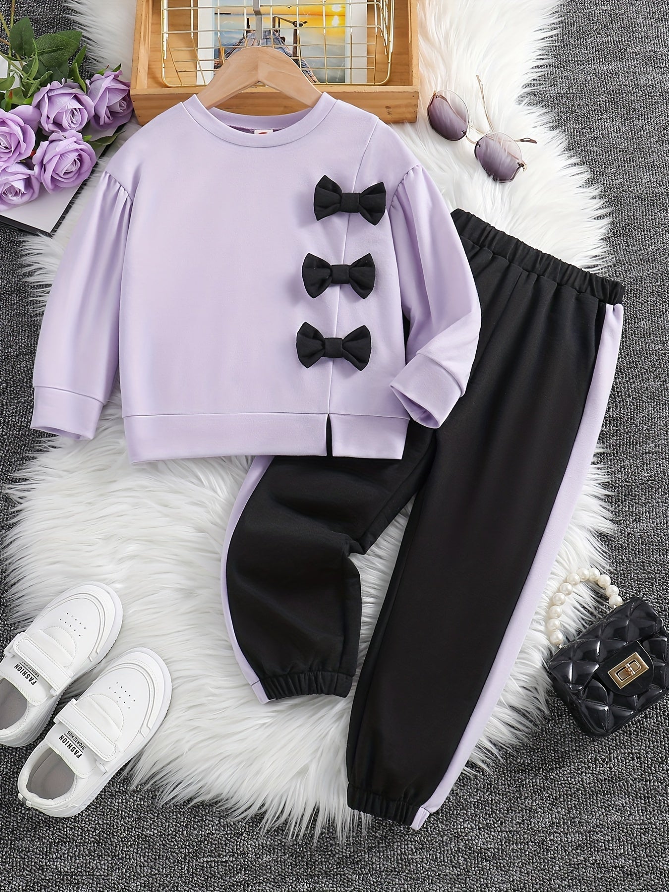 Girls 2pcs Sweatshirt & Elastic Waist Pants Set Bow Decor Long Sleeve Pullover Top Casual Kids Clothes Spring Fall