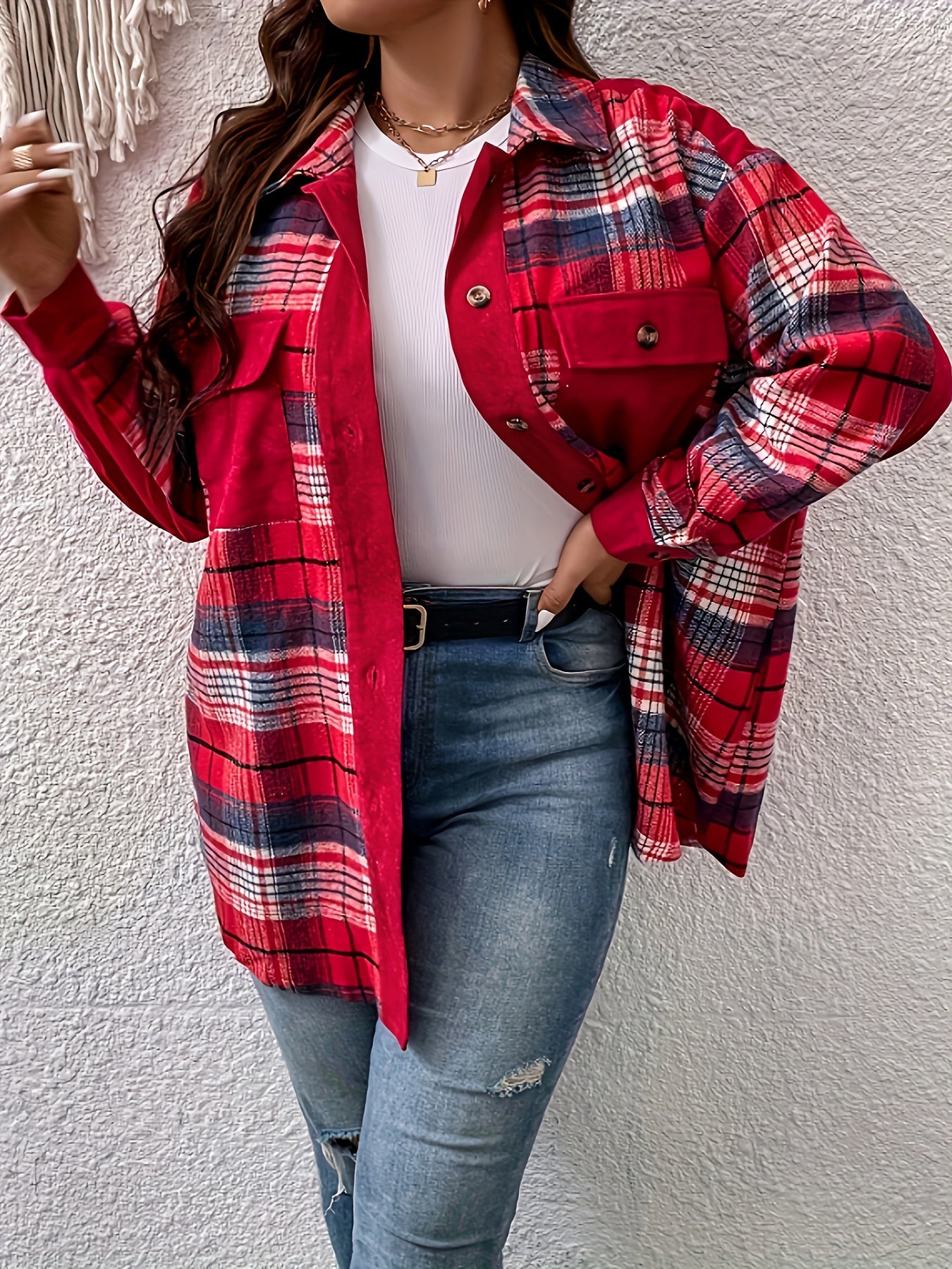 Plus Size Casual Blouse, Women's Plus Plaid Print Button Up Lantern Sleeve Turn Down Collar Tunic Shirt With Flap Pocket