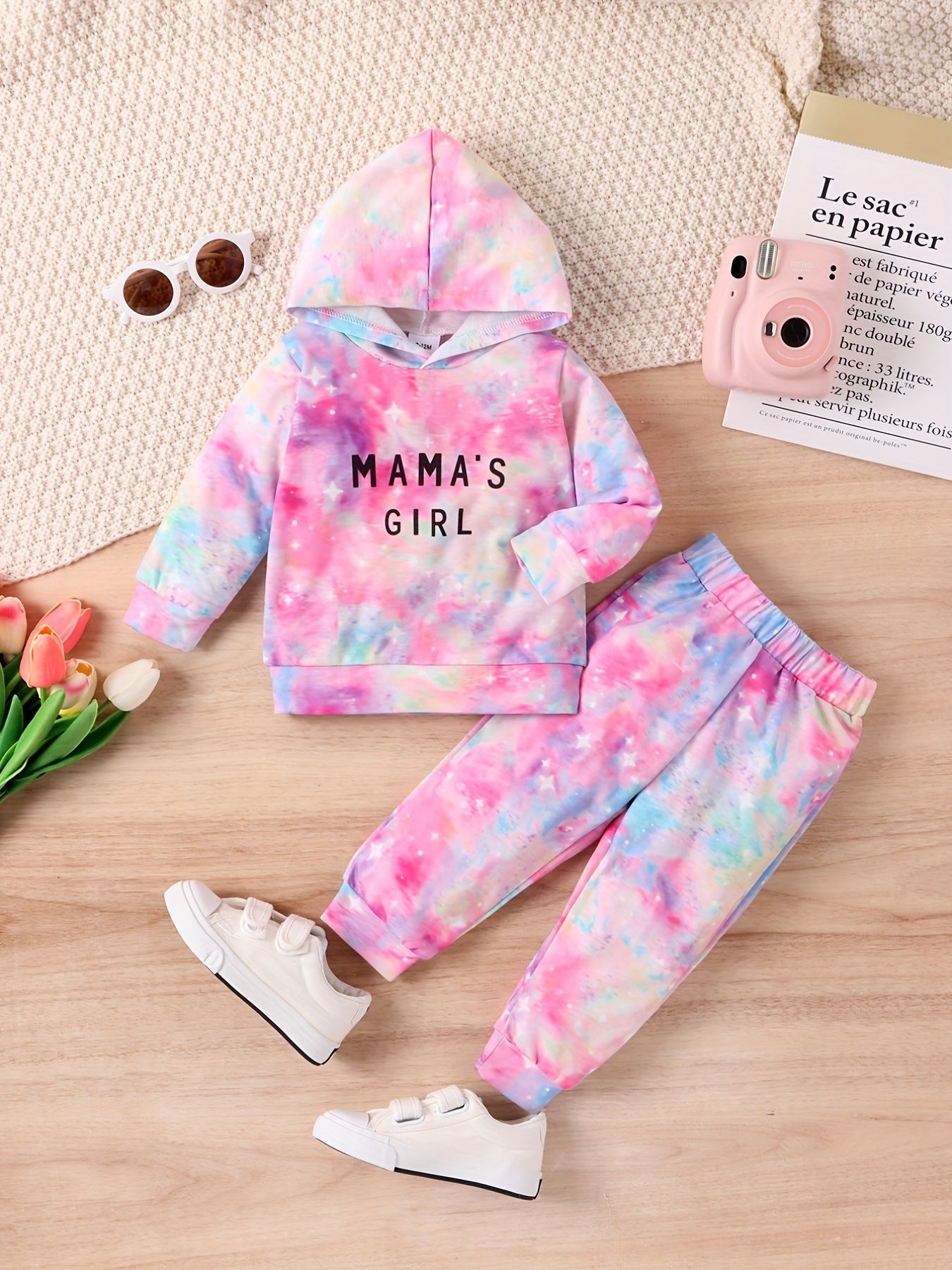 2pcs Girl's Nebula Tie-dye Outfit, Sweatshirt & Sweatpants Set, MAMA' GIRL Print Long Sleeve Top, Toddler Kid's Clothes For Spring Fall Winter