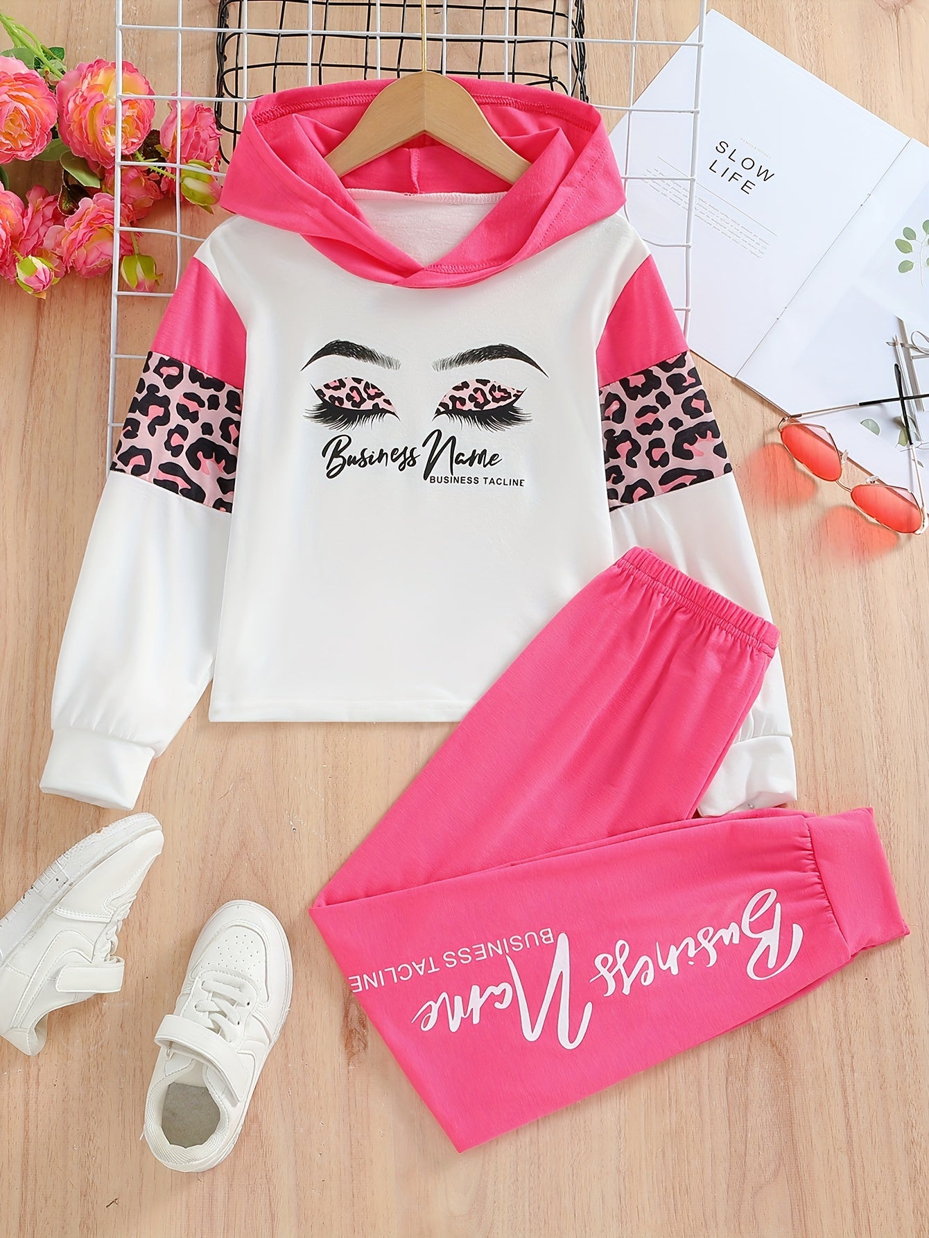 Girls Eyelashes Leopard Print Stitching Long Sleeve Hoodie & Letter Print Trousers 2pcs Kids Clothes