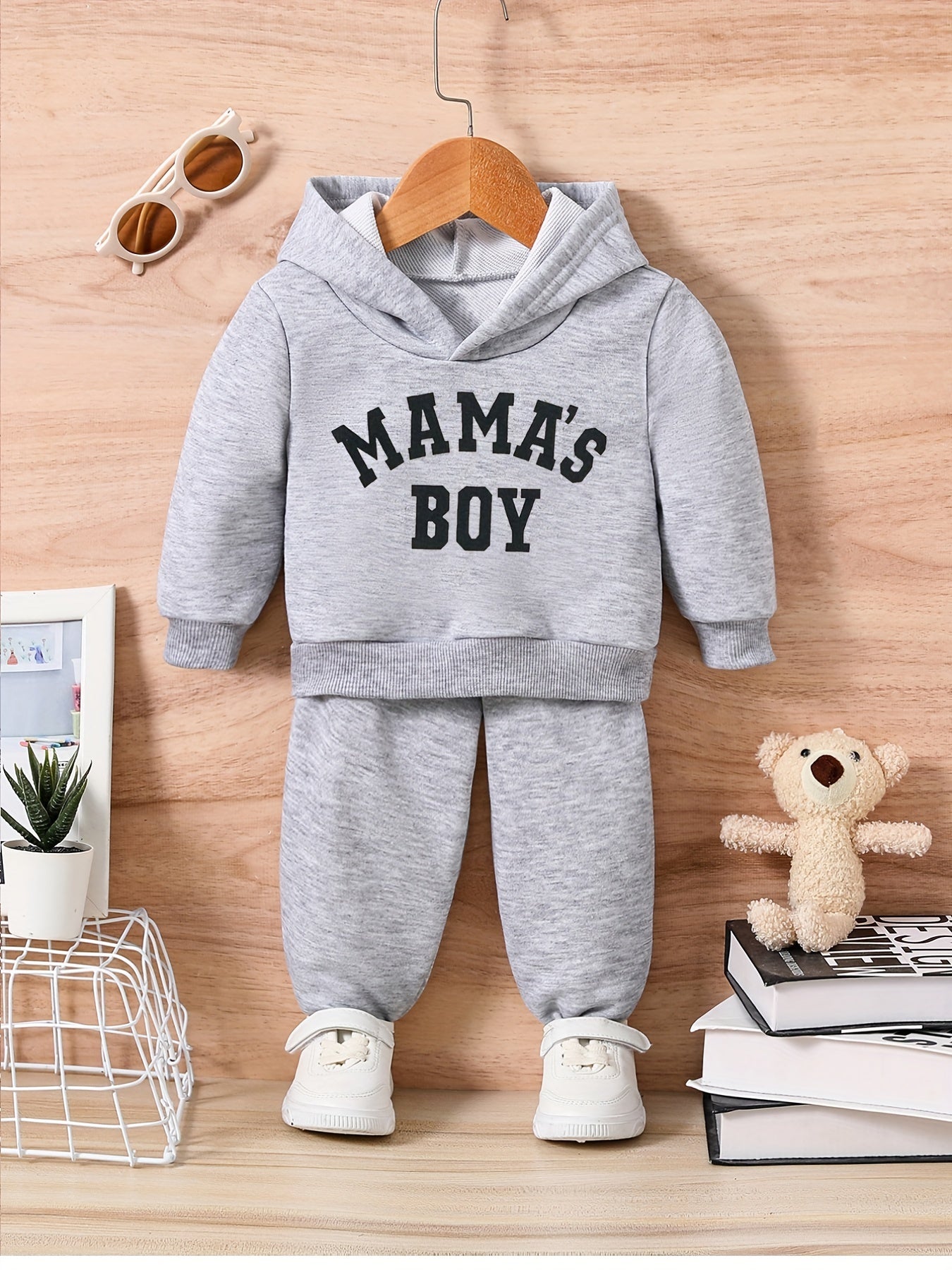 MAMA'S BOY Print Casual Outfit, Infant Baby Autumn And Winter Sweatshirt Hoodie Trousers Set