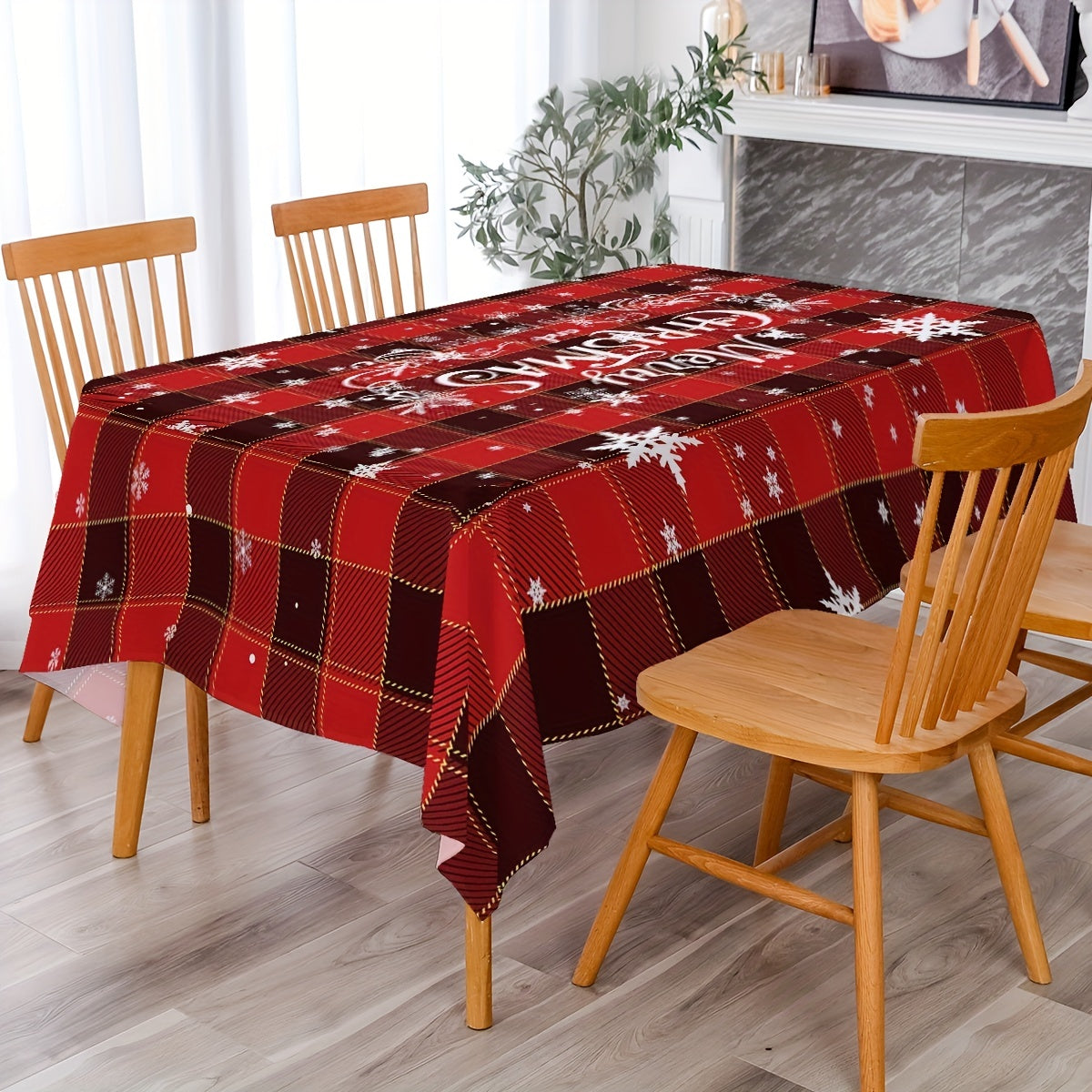 1pc, Polyester Table Cloth, Merry Christmas Table Cover, Red Black Plaid Snowflake Pattern Table Cover, Christmas Atmospheric Tablecloth, Holiday Desktop Decoration Fabric Table Cloth, Home Decoration, Christmas Decor, Gift