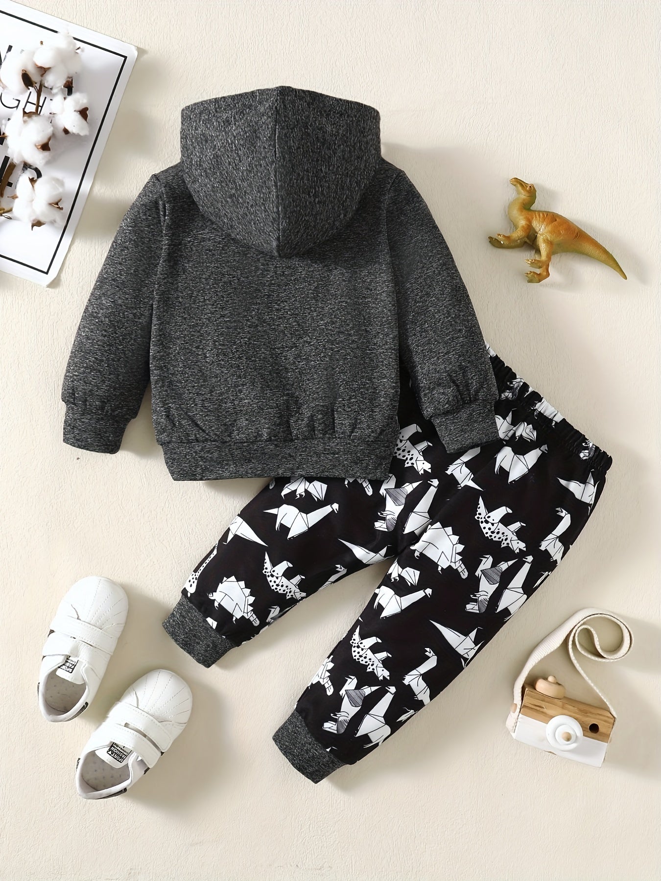 Baby Boys Casual Outfit, Letter Of Love Print Hooded Layered Top Dinosaur Full Print Trousers For Daily Outing Clothes Fall Winter