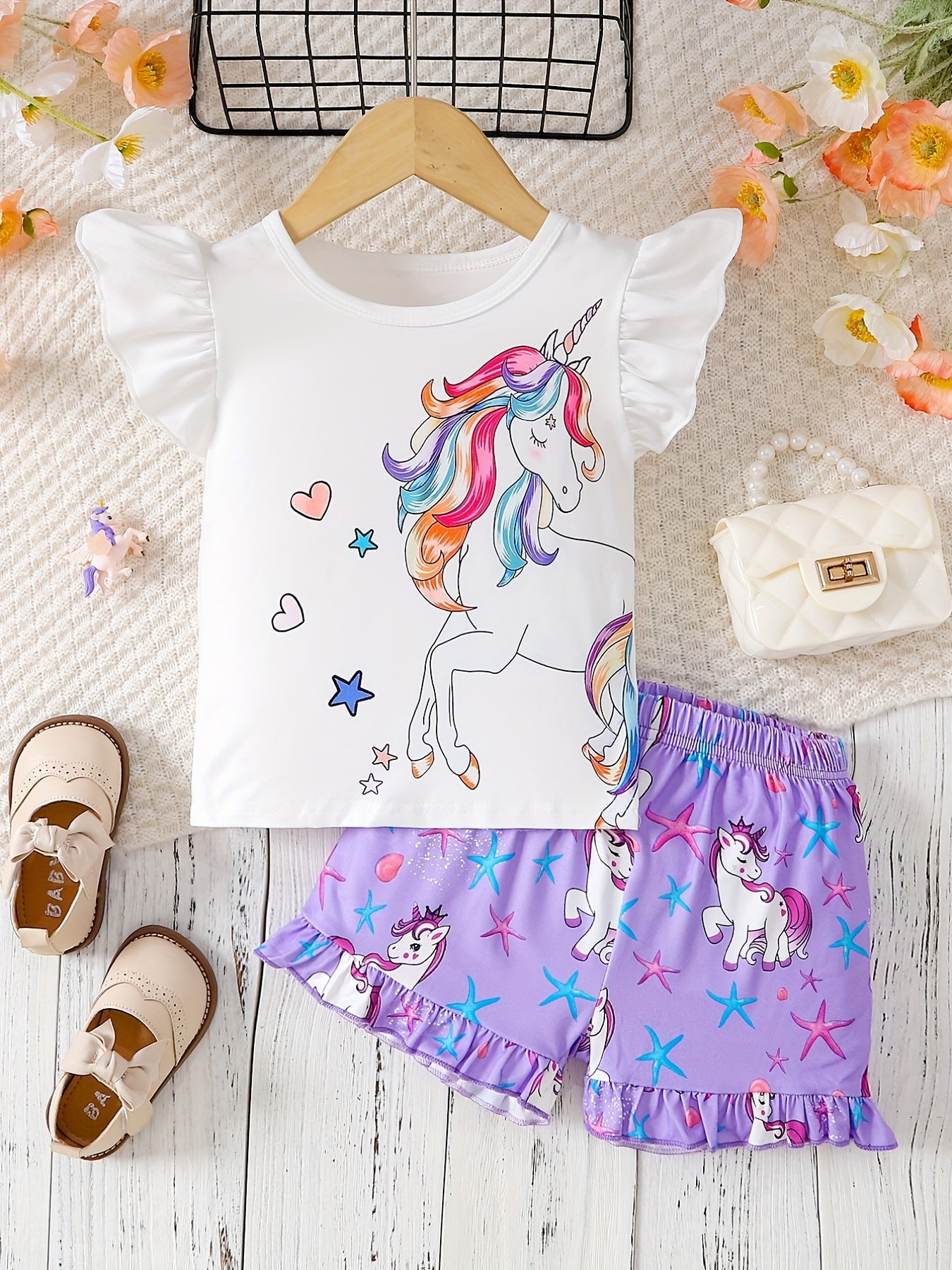 2pcs Girls Ruffle Trim Cute Cartoon Unicorn Graphic T-shirt Top & Ruffled Hem Elastic Waist Shorts Set Kids Summer Clothes