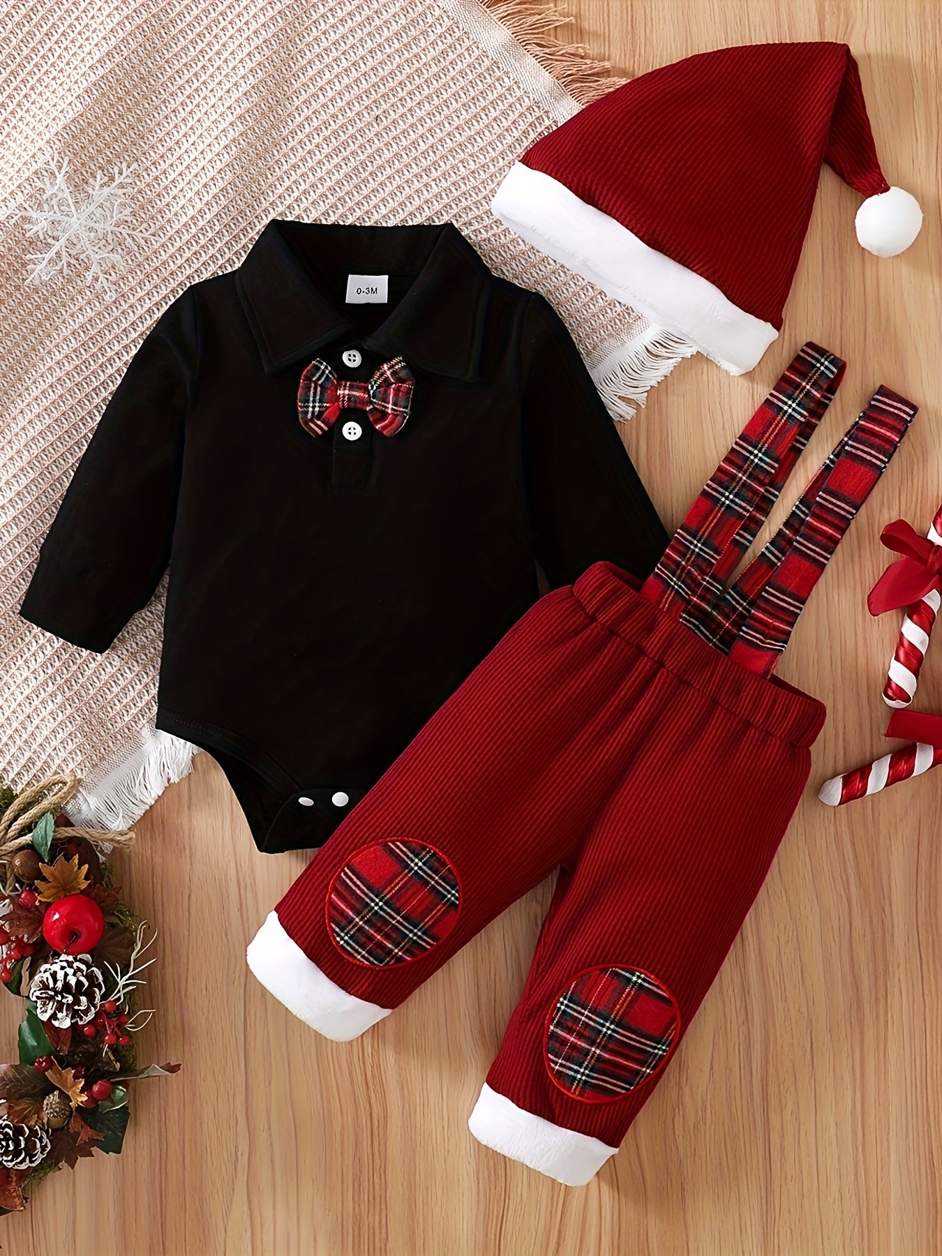 Toddler Baby Boys Bow Tie Long Sleeve Romper + Waffle Splicing Bib Pants + Hat 3pcs Cute Set Party Christmas Outfit