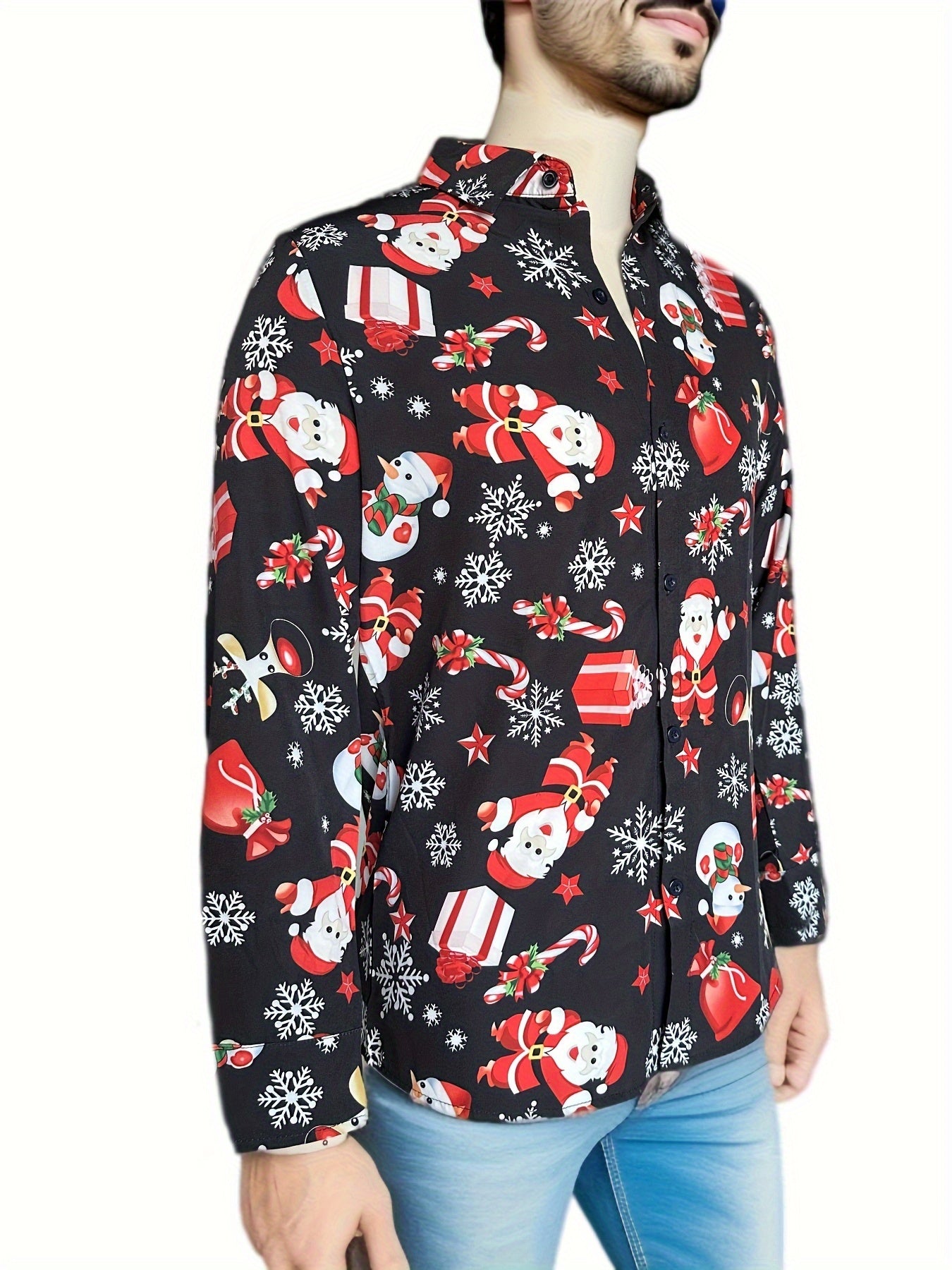 Christmas Lovely Cartoon Full Print Men's Long Sleeve Button Up Shirt, Spring Fall, Party Costume