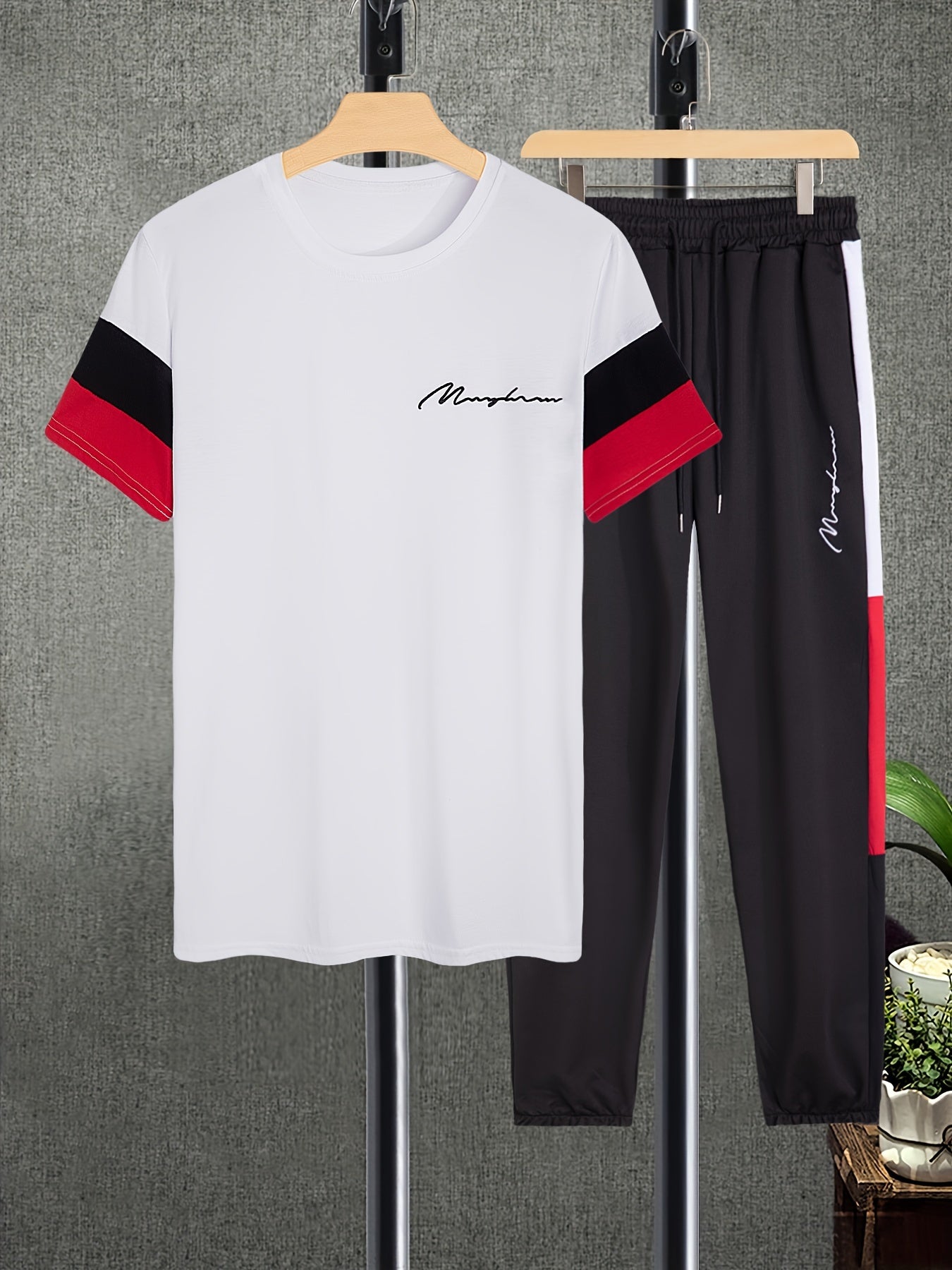 Men's Colorblock Casual T-shirt Outfit Set, 2 Pieces Round Neck Short Sleeve Tees And Drawstring Long Pants
