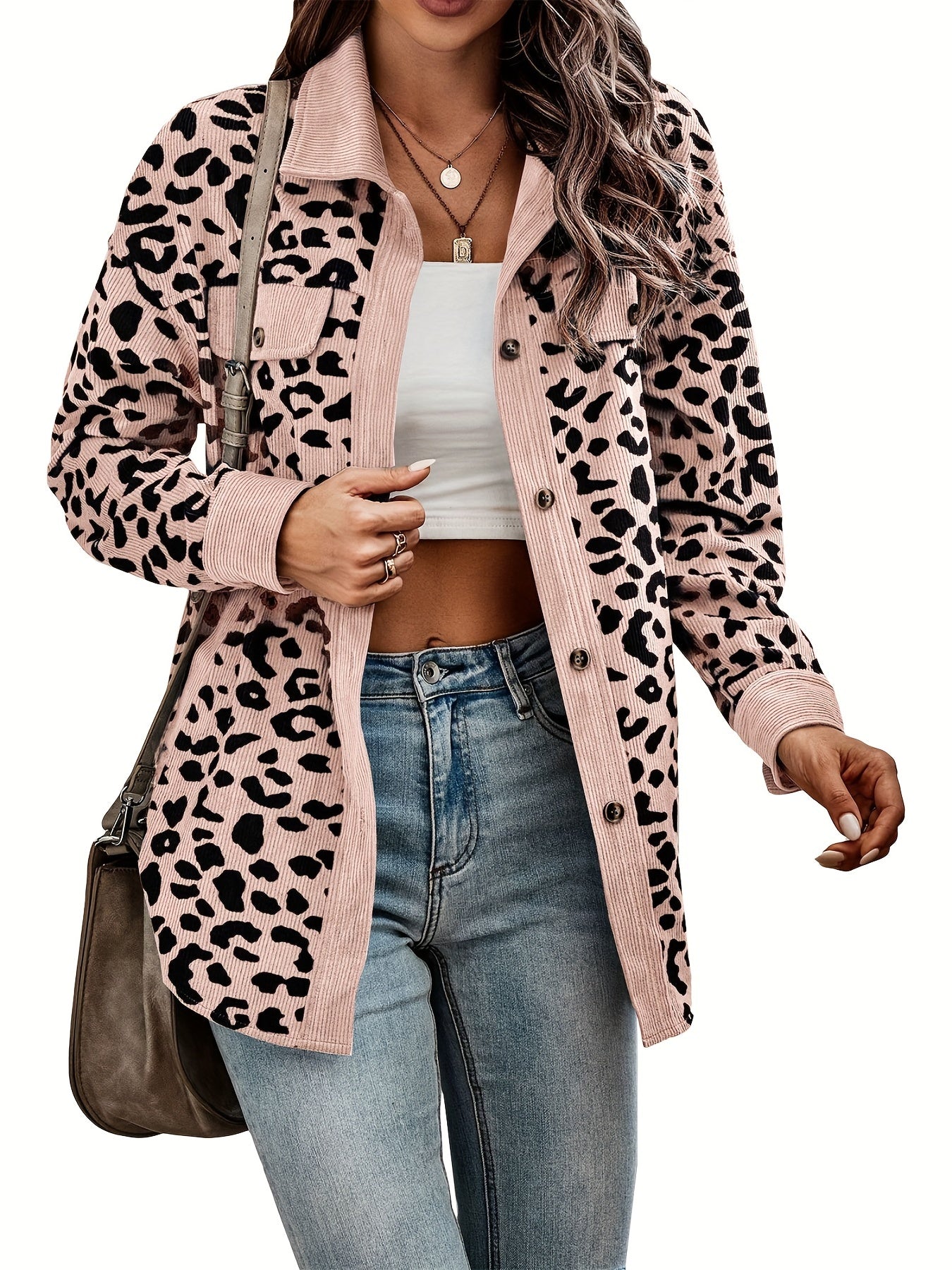 Leopard Print Shacket Jacket, Casual Button Front Turn Down Collar Long Sleeve Outerwear, Women's Clothing