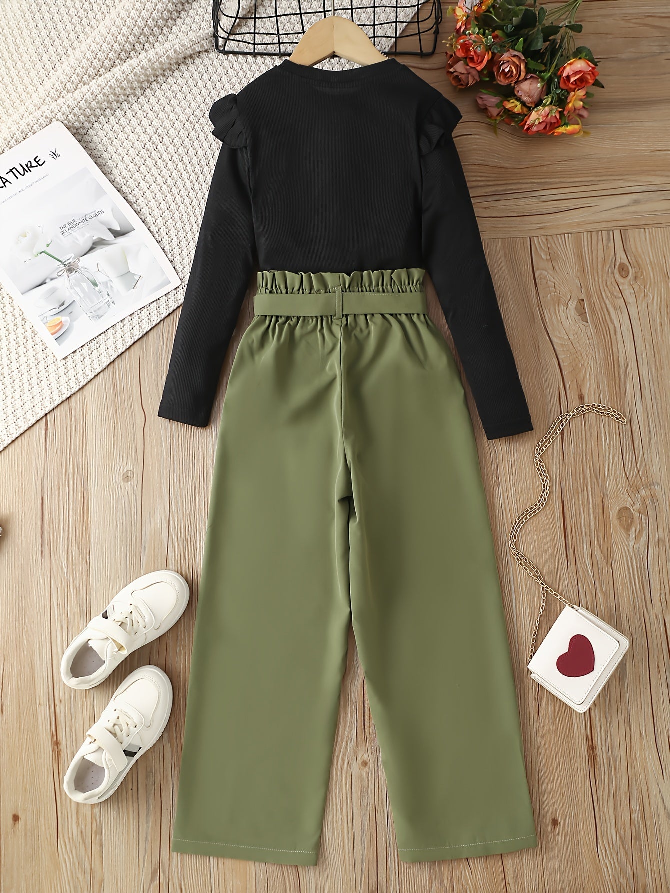 Girl's Trendy Outfit 2pcs, Ribbed Top & Wide Leg Pants Set, Kid's Clothes For Spring Fall